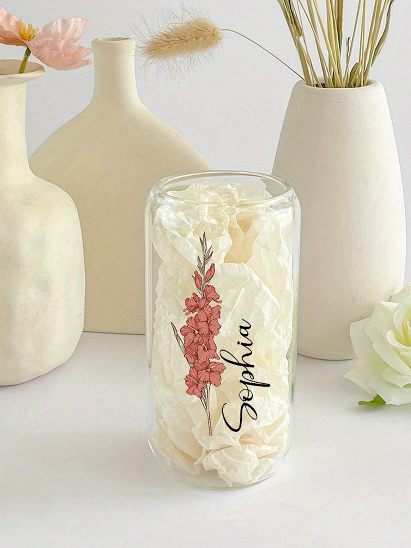 Personalized Daisy Glass Iced Coffee Mug with Bamboo Lid