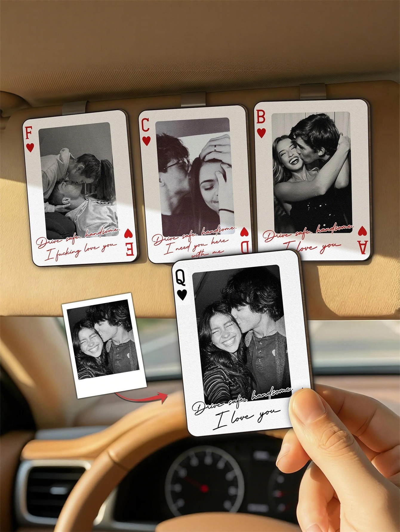 "King & Queen" Custom Couple Photo — Safe Travels, I Love You, We Are a Match Made in Heaven — Personalized Wooden Car Sun Visor Clip