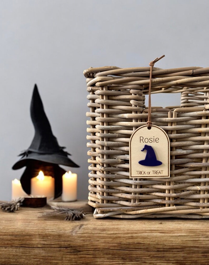Personalized Wood Halloween Name Basket Tag