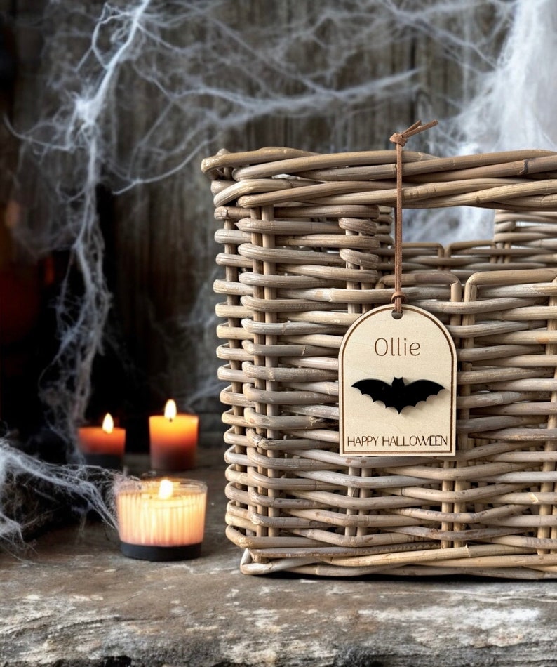 Personalized Wood Halloween Name Basket Tag