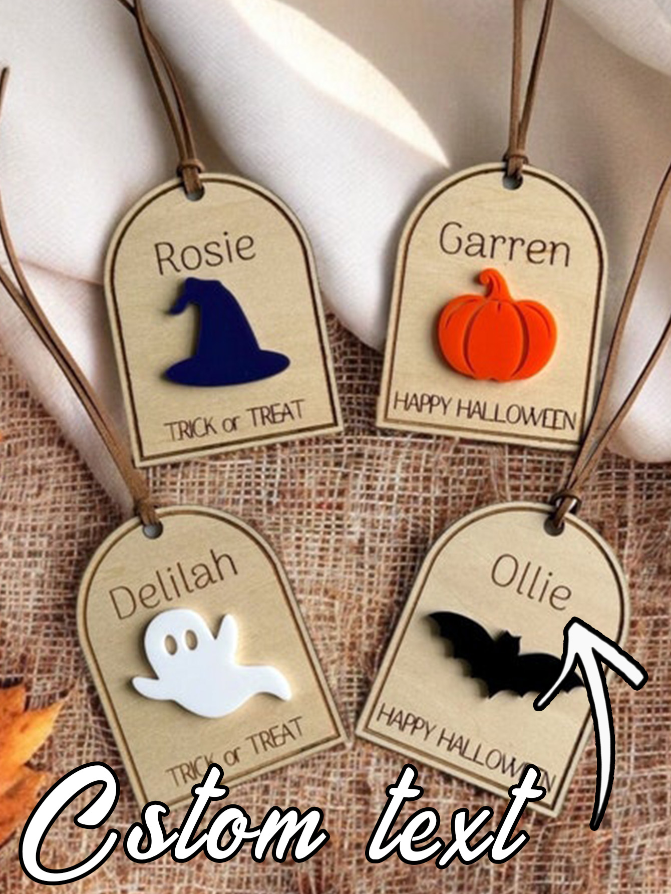 Personalized Wood Halloween Name Basket Tag