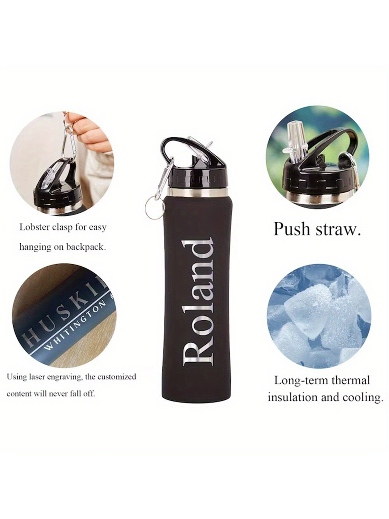 1 Customizable Engraved Straw Water Bottle - Can be engraved with name/text/date, insulated design, straw lid, PVC-free, travel bottle, suitable as a birthday gift for men and women, suitable for office, travel, fitness and outdoor activities.