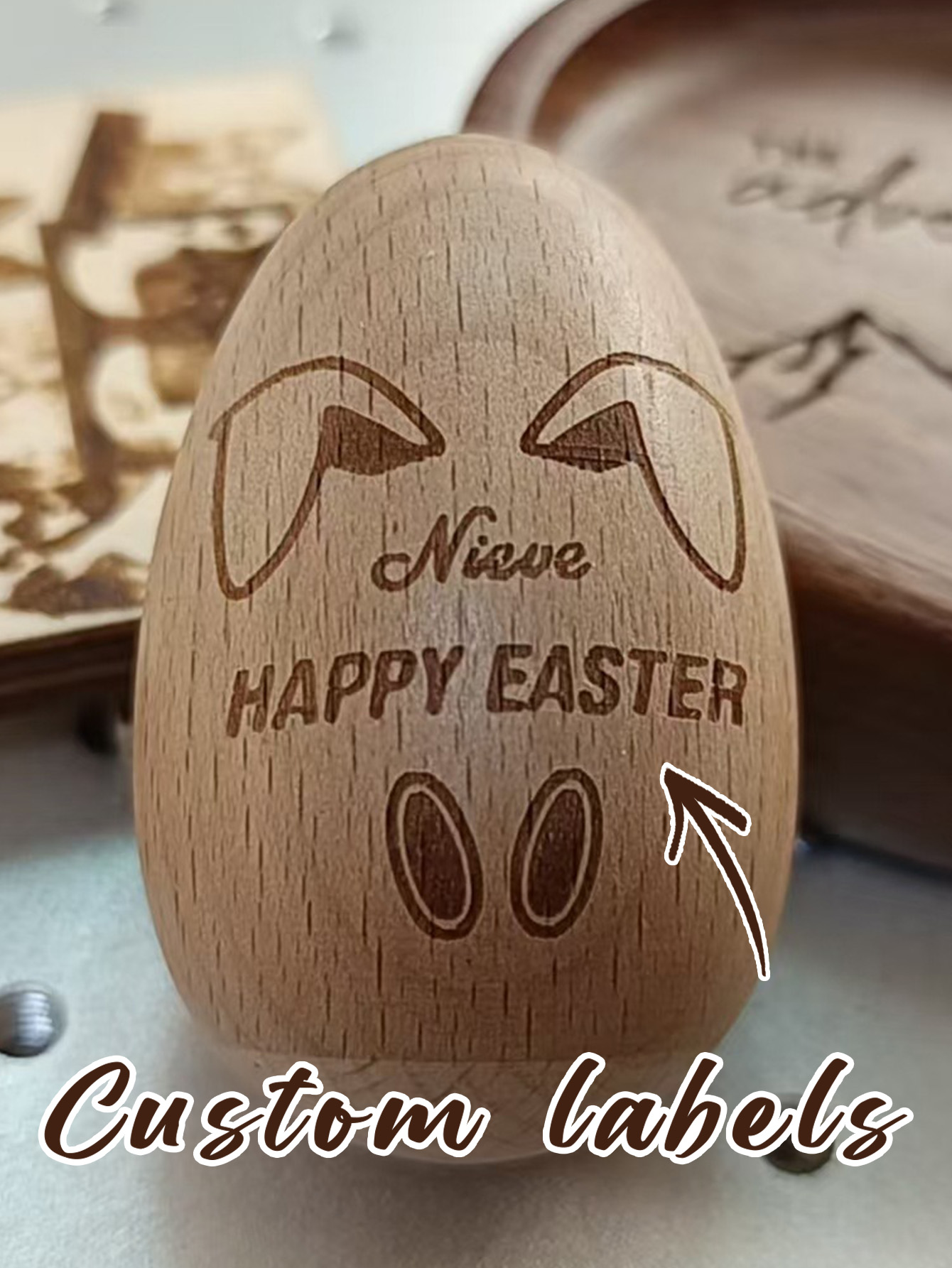 Personalized carved wooden Easter egg, natural wood color beech wood simulation egg