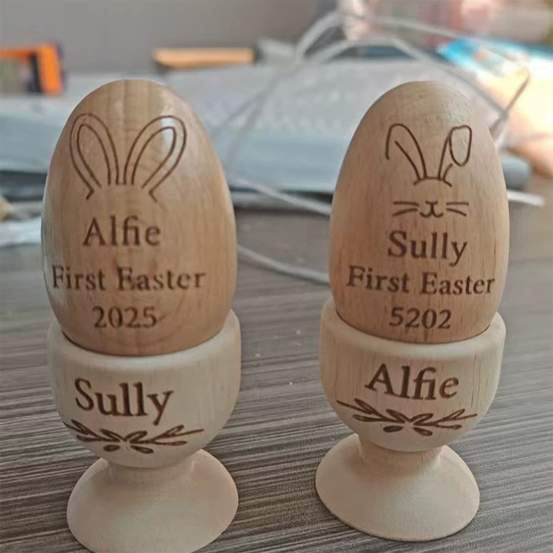 Personalized carved wooden Easter egg, natural wood color beech wood simulation egg