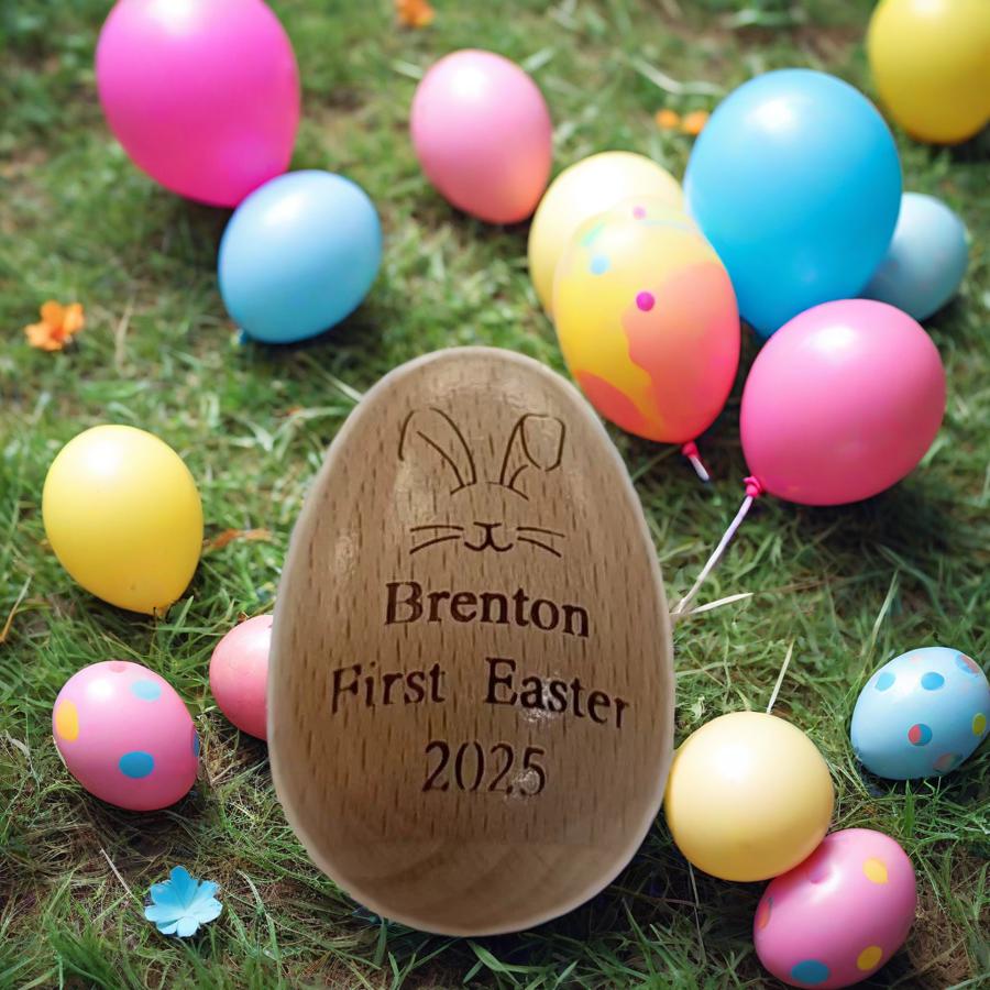 Personalized carved wooden Easter egg, natural wood color beech wood simulation egg