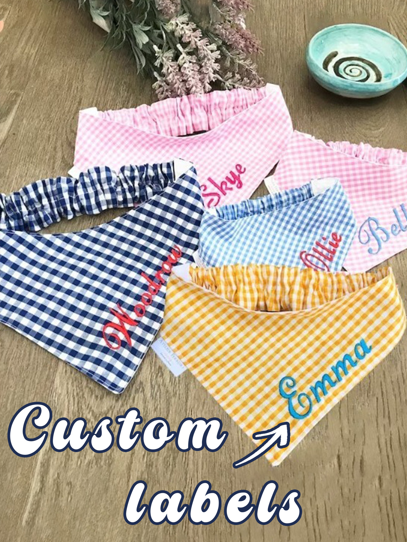 Customizable Embroidered Gingham Pet Bandana Bib