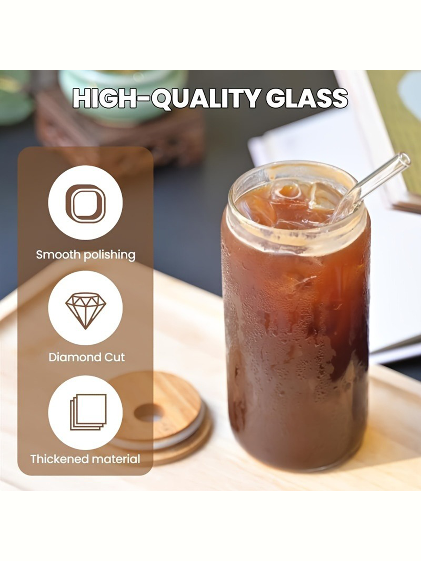 1pc, 500ml/16.9oz Alphabet Flower A-Z Coffee Mug, suitable for office and home, alphabet glass with bamboo lid and straw, for bubble tea, juice, soda, water, birthday gift, bridesmaid gift, party gift, Thanksgiving/Christmas gift.