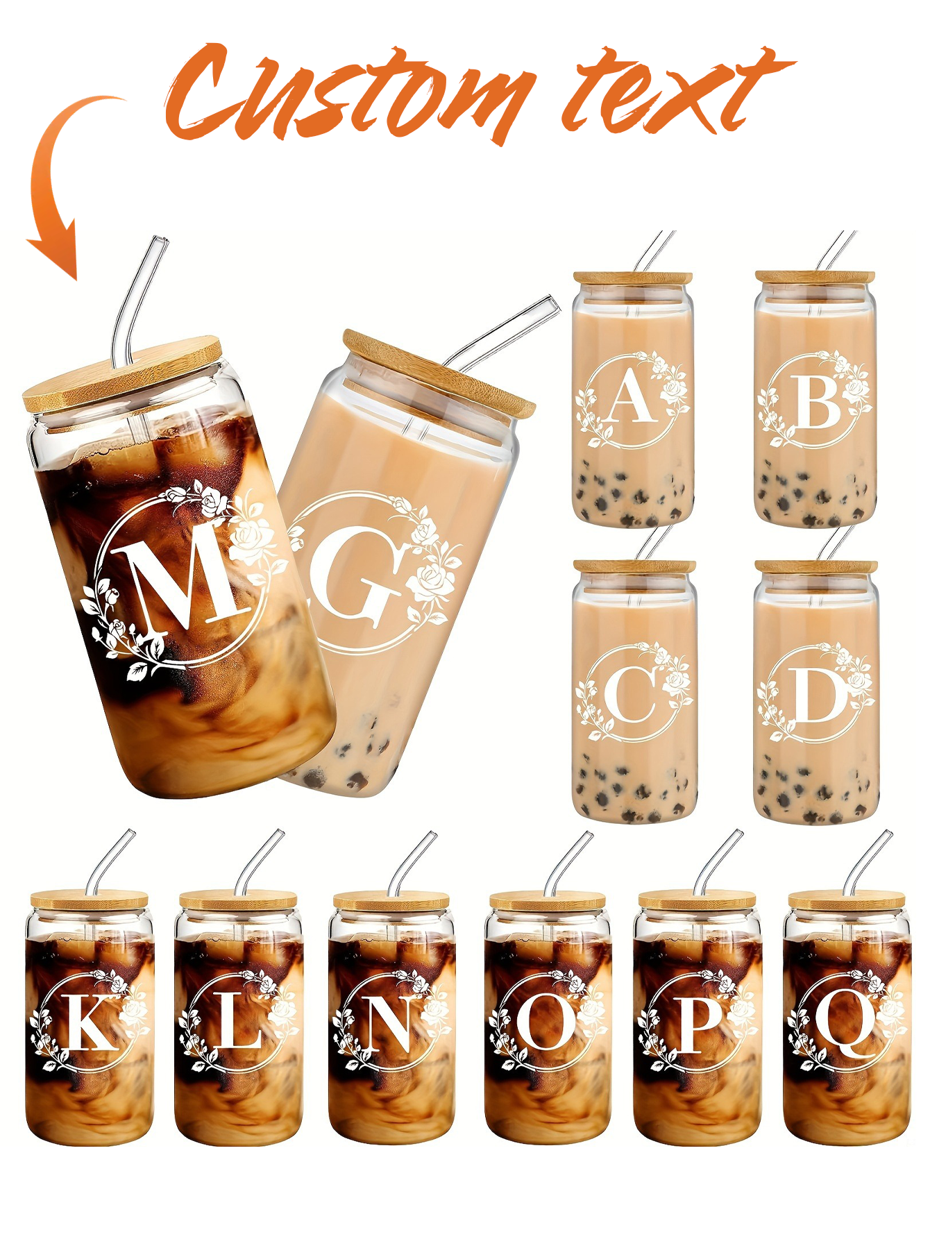 1pc, 500ml/16.9oz Alphabet Flower A-Z Coffee Mug, suitable for office and home, alphabet glass with bamboo lid and straw, for bubble tea, juice, soda, water, birthday gift, bridesmaid gift, party gift, Thanksgiving/Christmas gift.