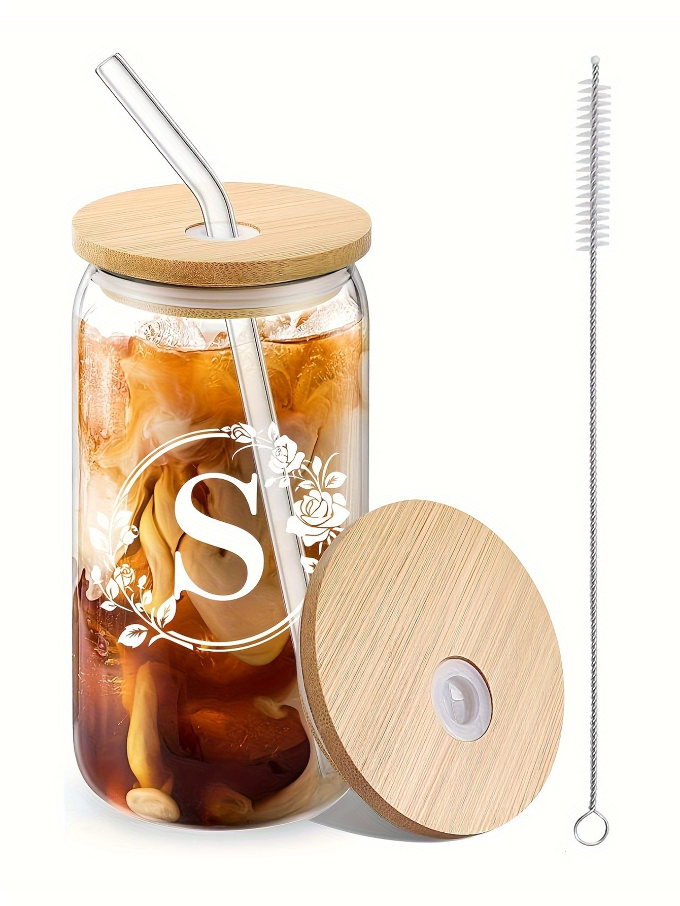 1pc, 500ml/16.9oz Alphabet Flower A-Z Coffee Mug, suitable for office and home, alphabet glass with bamboo lid and straw, for bubble tea, juice, soda, water, birthday gift, bridesmaid gift, party gift, Thanksgiving/Christmas gift.