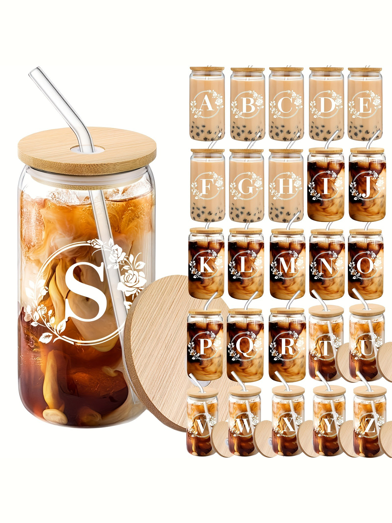 1pc, 500ml/16.9oz Alphabet Flower A-Z Coffee Mug, suitable for office and home, alphabet glass with bamboo lid and straw, for bubble tea, juice, soda, water, birthday gift, bridesmaid gift, party gift, Thanksgiving/Christmas gift.