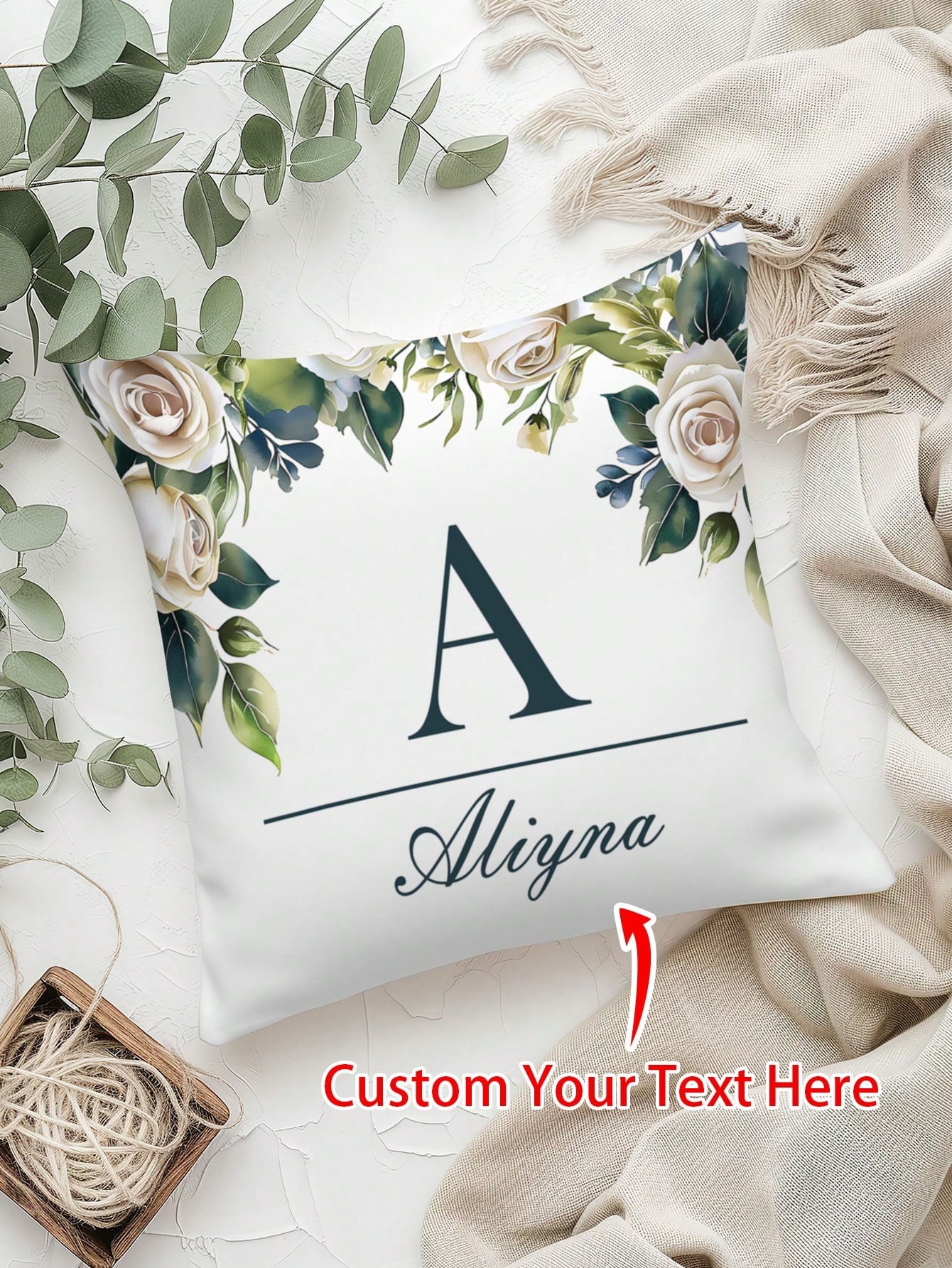 Custom Body Pillow Cover Floral Leaf & Name Letter