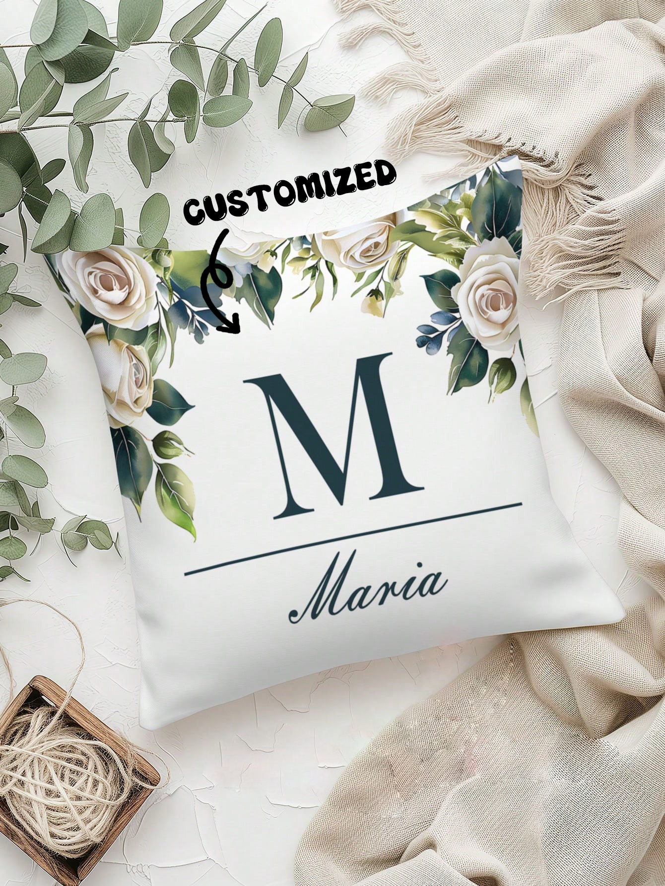Custom Body Pillow Cover Floral Leaf & Name Letter