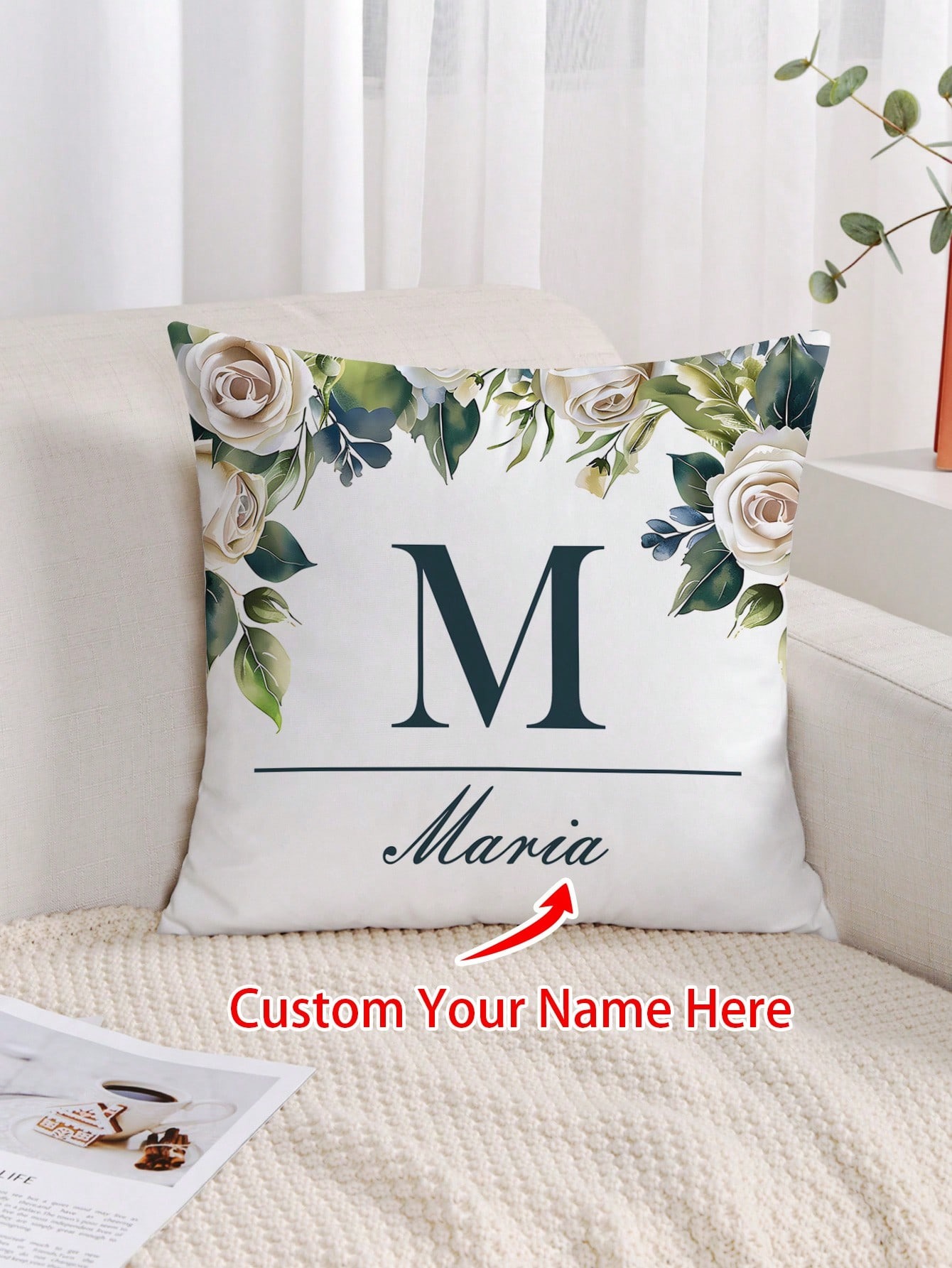Custom Body Pillow Cover Floral Leaf & Name Letter