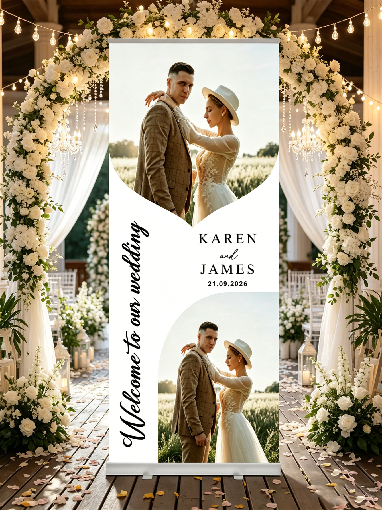 Customized wedding retractable banners - personalized photo wedding welcome signs, reception decorations and background curtains
