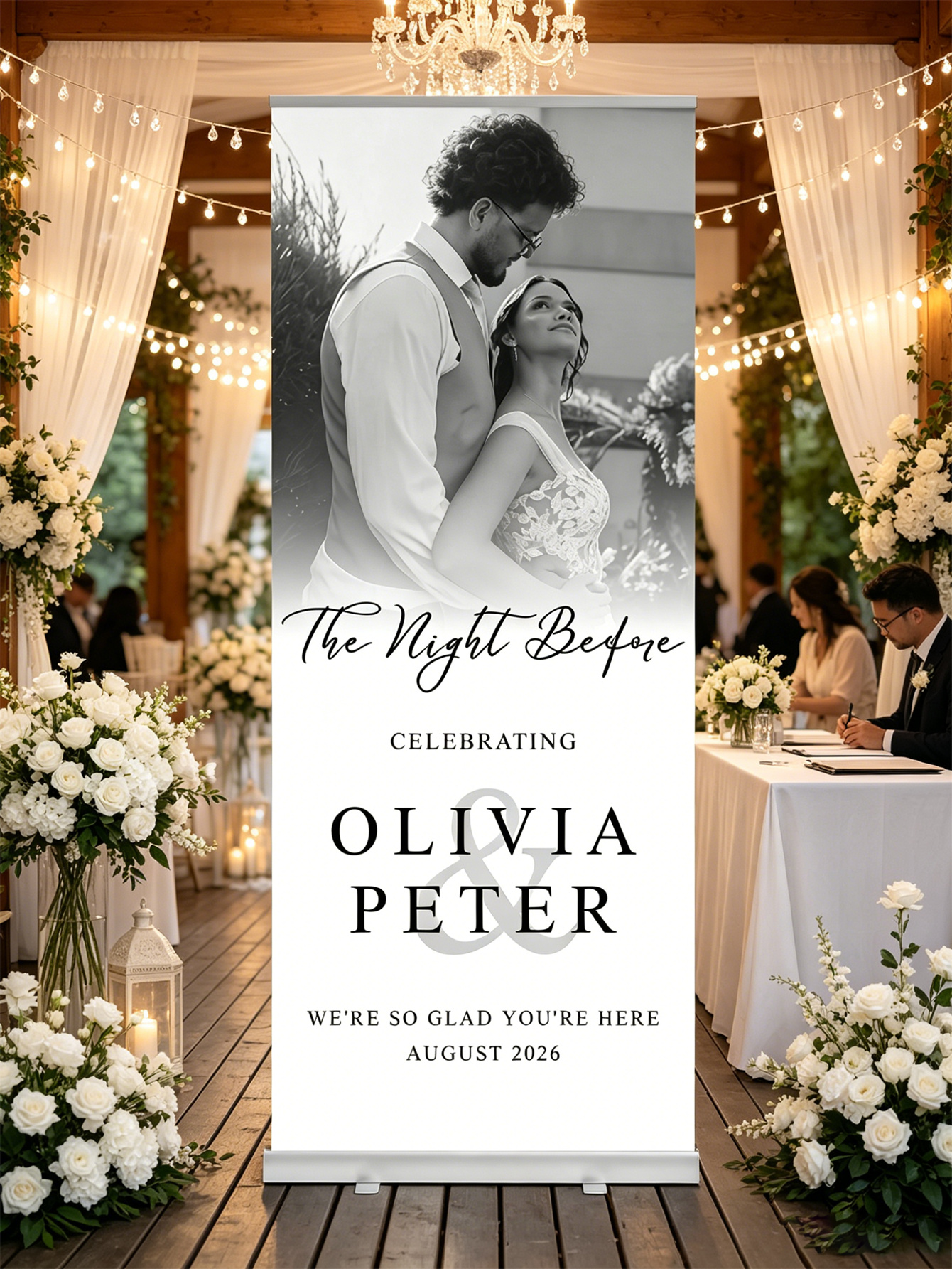 Customized wedding retractable banners - personalized photo wedding welcome signs, reception decorations and background curtains