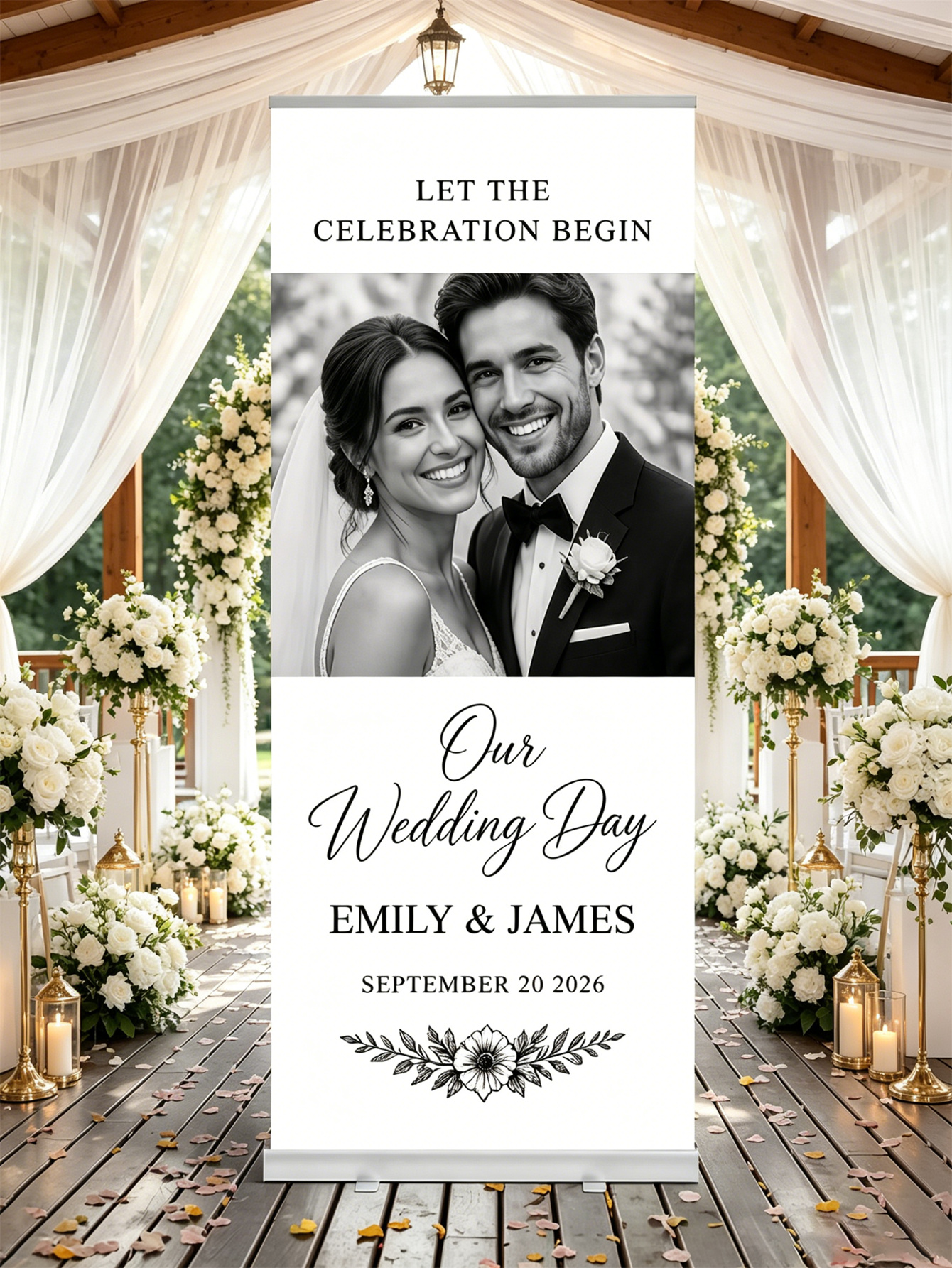Customized wedding retractable banners - personalized photo wedding welcome signs, reception decorations and background curtains