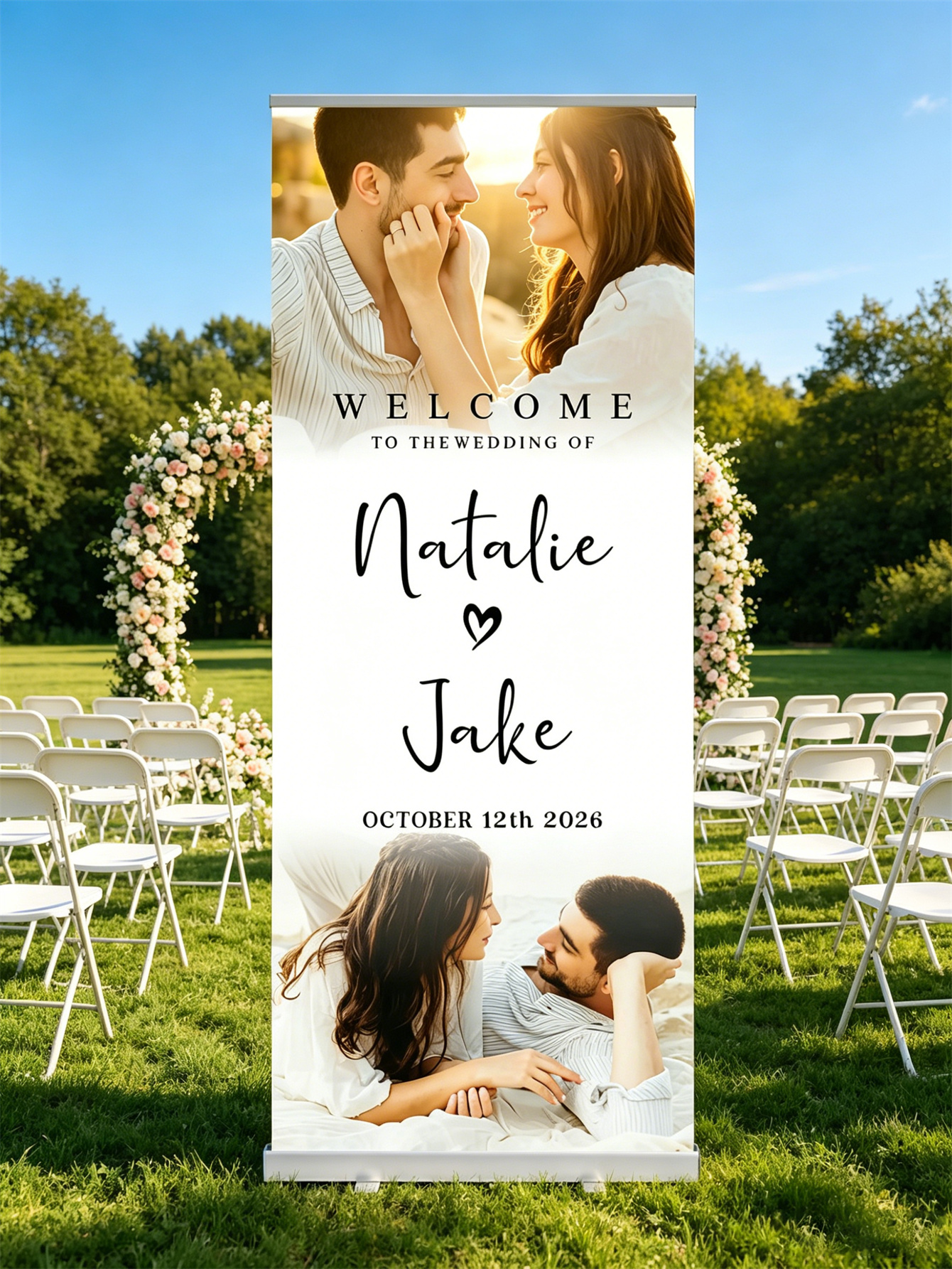 Customized wedding retractable banners - personalized photo wedding welcome signs, reception decorations and background curtains