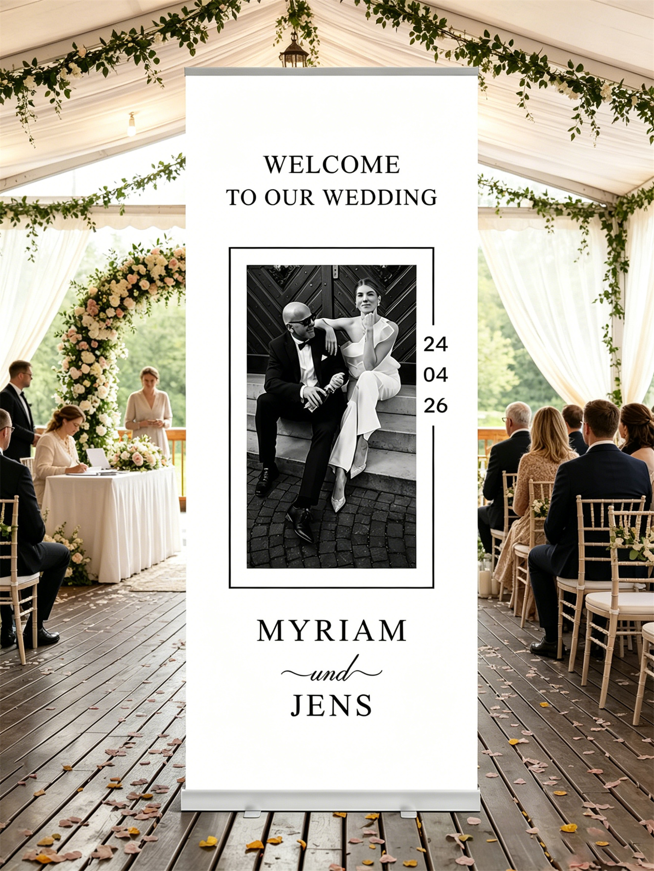 Customized wedding retractable banners - personalized photo wedding welcome signs, reception decorations and background curtains