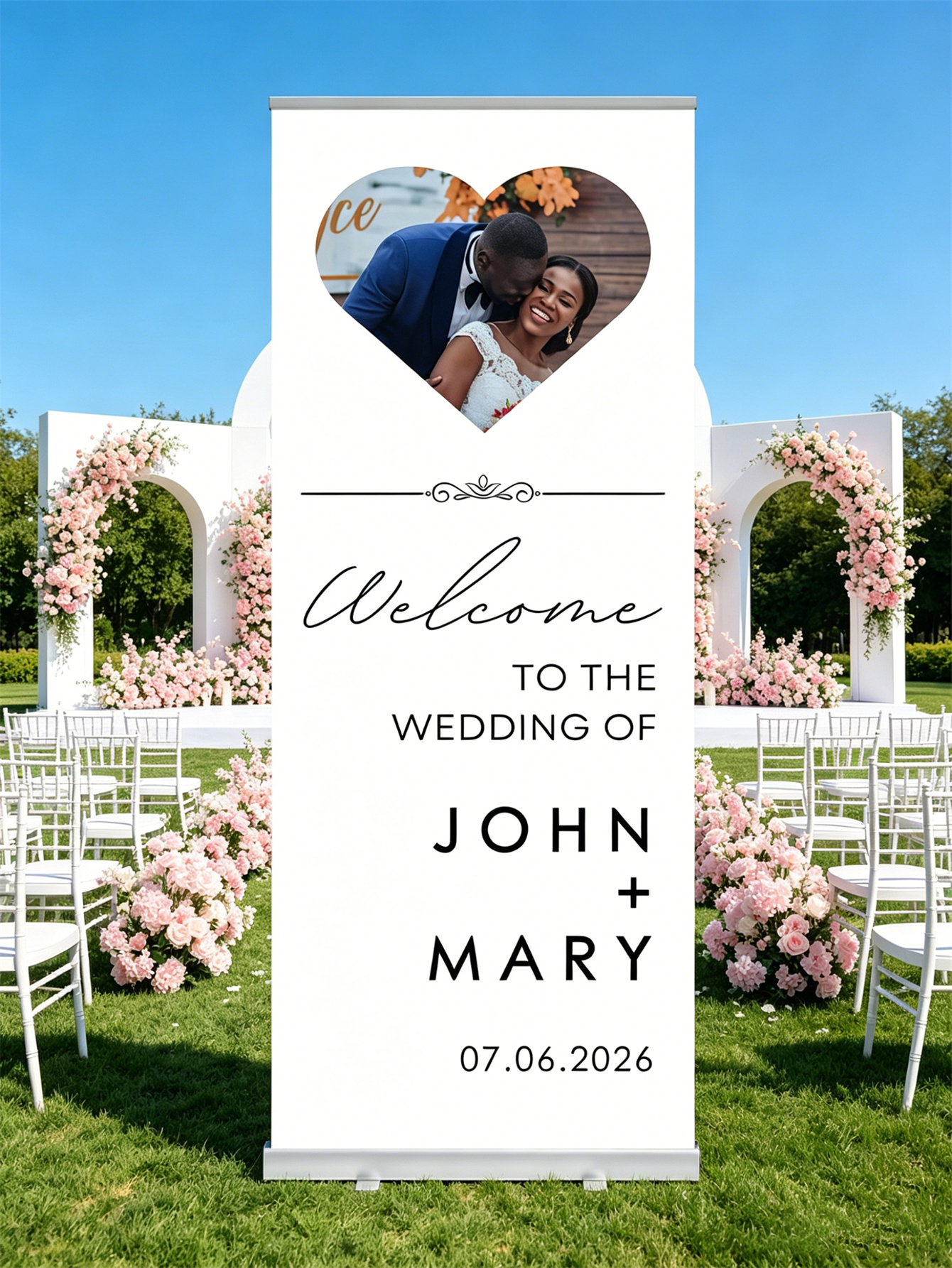 Customized wedding retractable banners - personalized photo wedding welcome signs, reception decorations and background curtains
