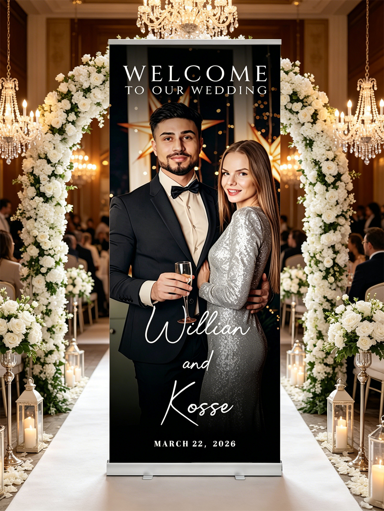 Customized wedding retractable banners - personalized photo wedding welcome signs, reception decorations and background curtains