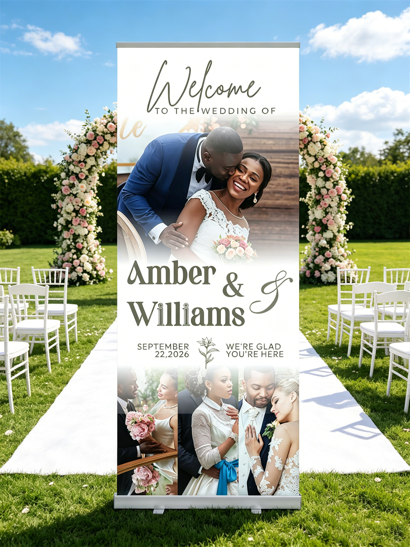 Customized wedding retractable banners - personalized photo wedding welcome signs, reception decorations and background curtains