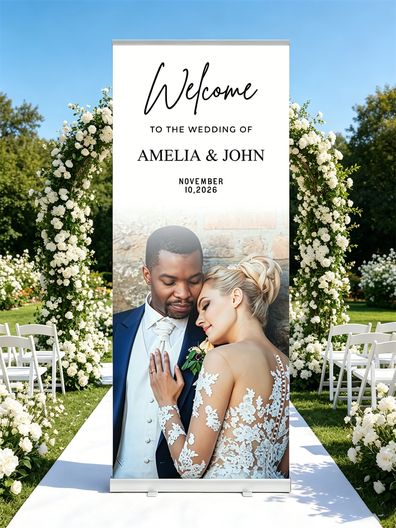 Customized wedding retractable banners - personalized photo wedding welcome signs, reception decorations and background curtains