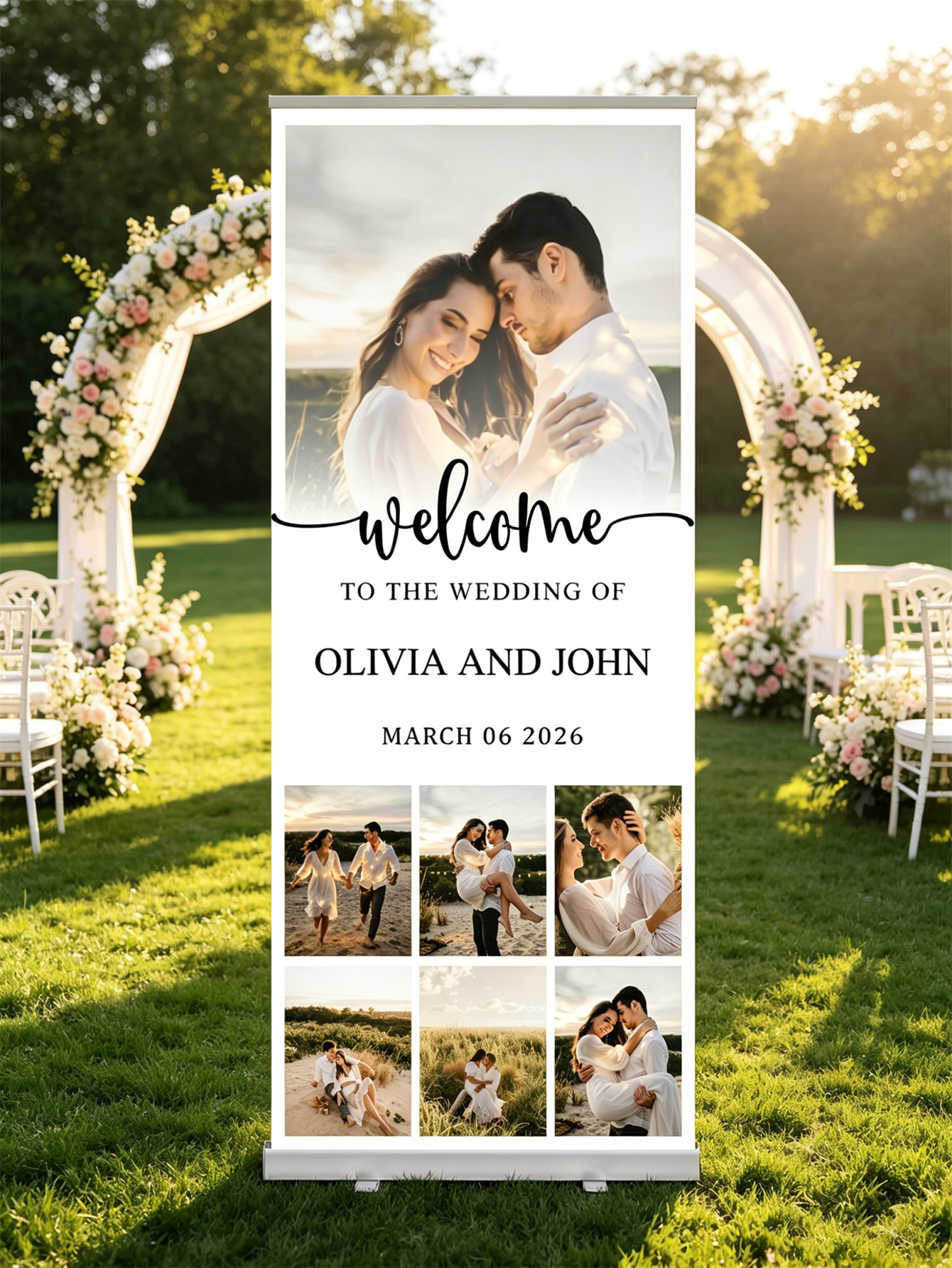 Customized wedding retractable banners - personalized photo wedding welcome signs, reception decorations and background curtains