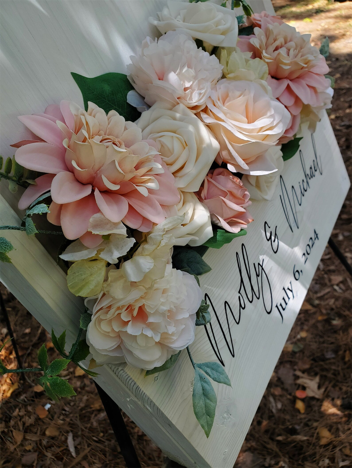 Wooden wedding welcome signs and flowers, custom flower box wedding signs, simple wedding entrance decorations, personalized name and date signs, ceremony reception