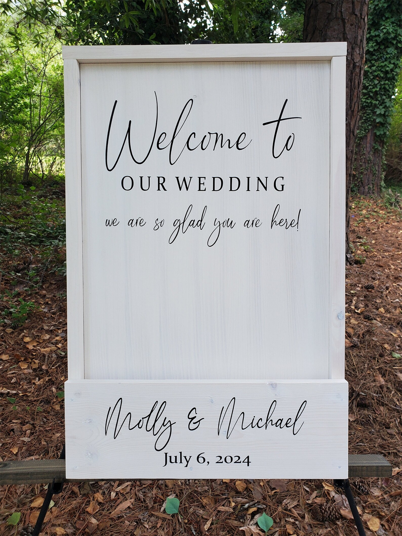 Wooden wedding welcome signs and flowers, custom flower box wedding signs, simple wedding entrance decorations, personalized name and date signs, ceremony reception