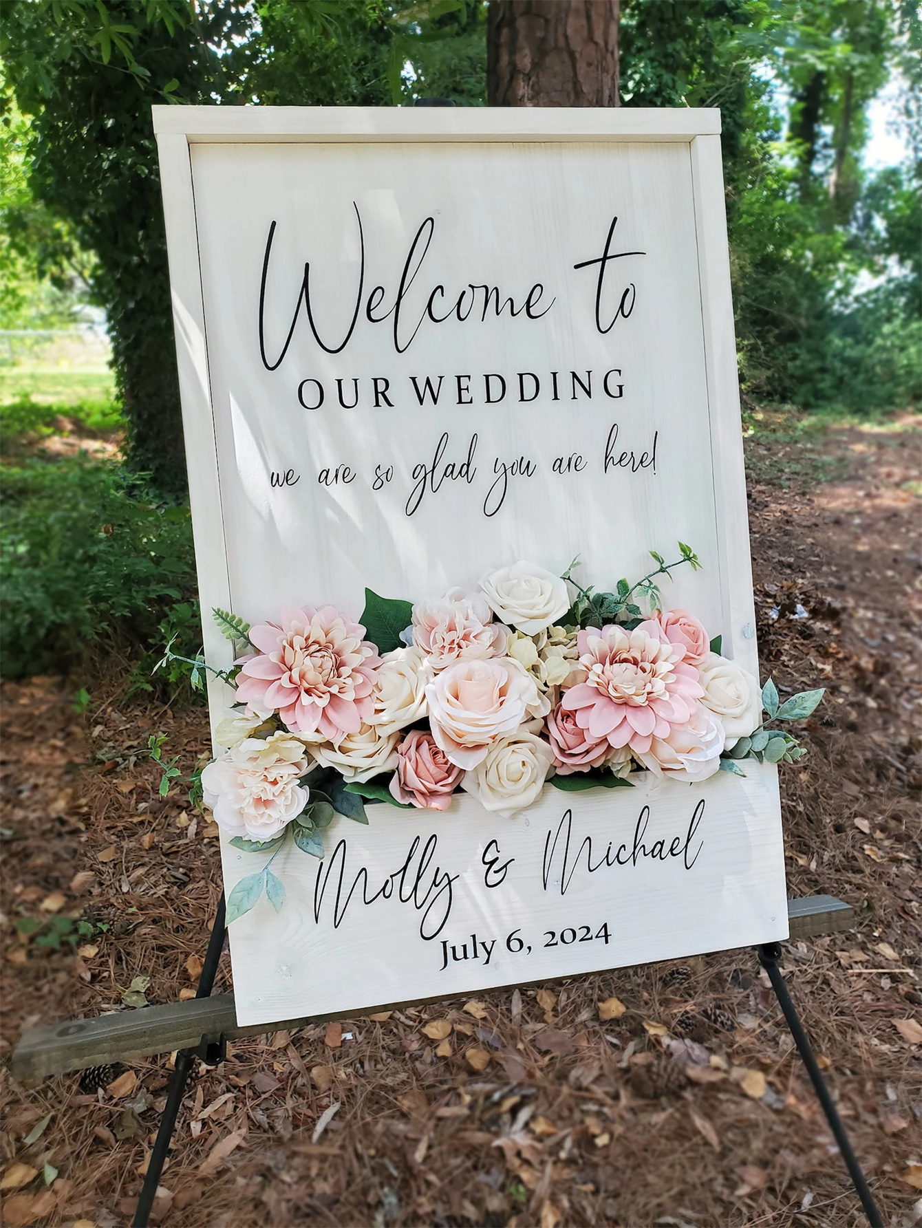 Wooden wedding welcome signs and flowers, custom flower box wedding signs, simple wedding entrance decorations, personalized name and date signs, ceremony reception