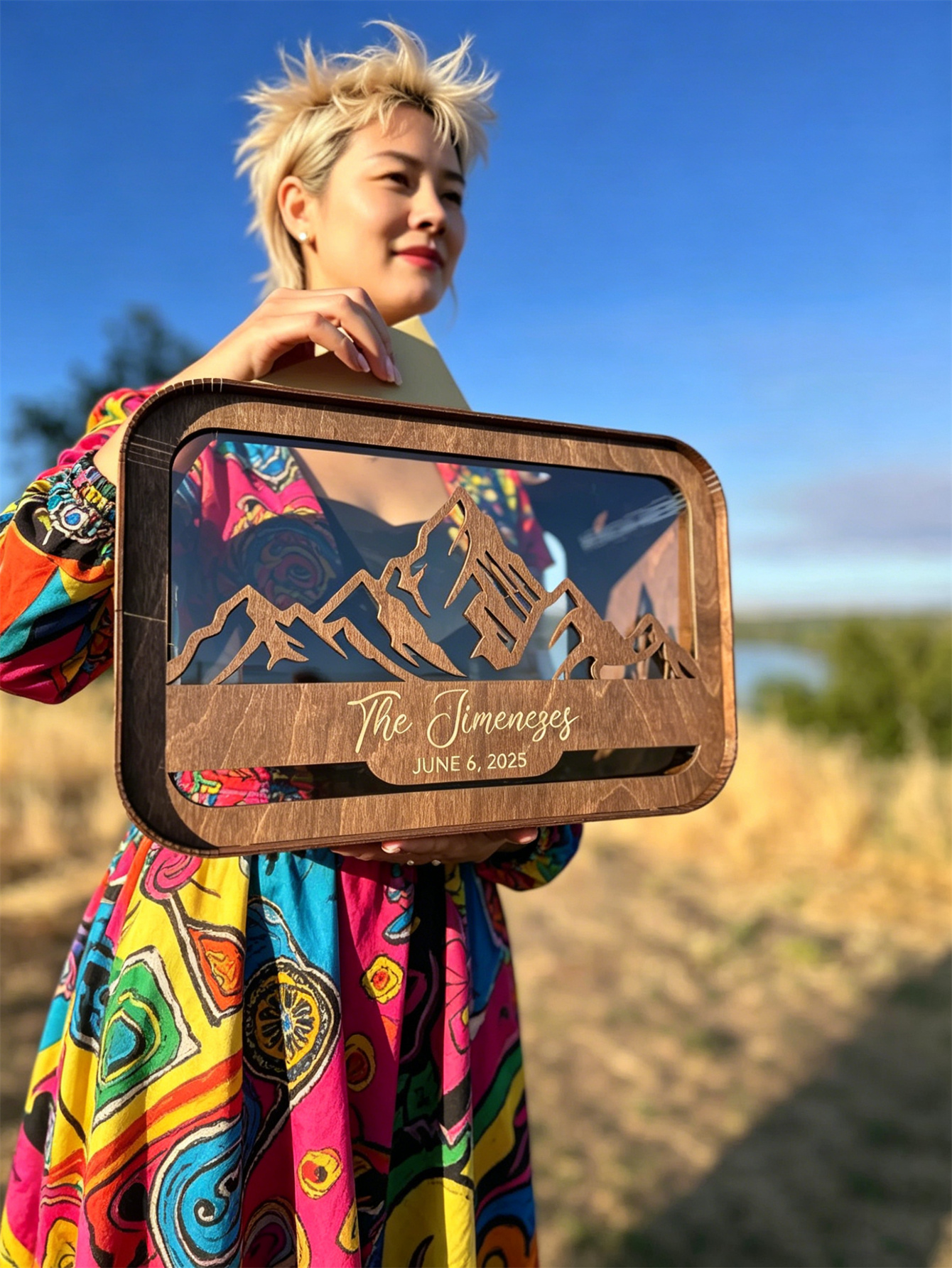 Personalized mountain view wedding greeting card box, country-style wooden coin box, custom engagement gift