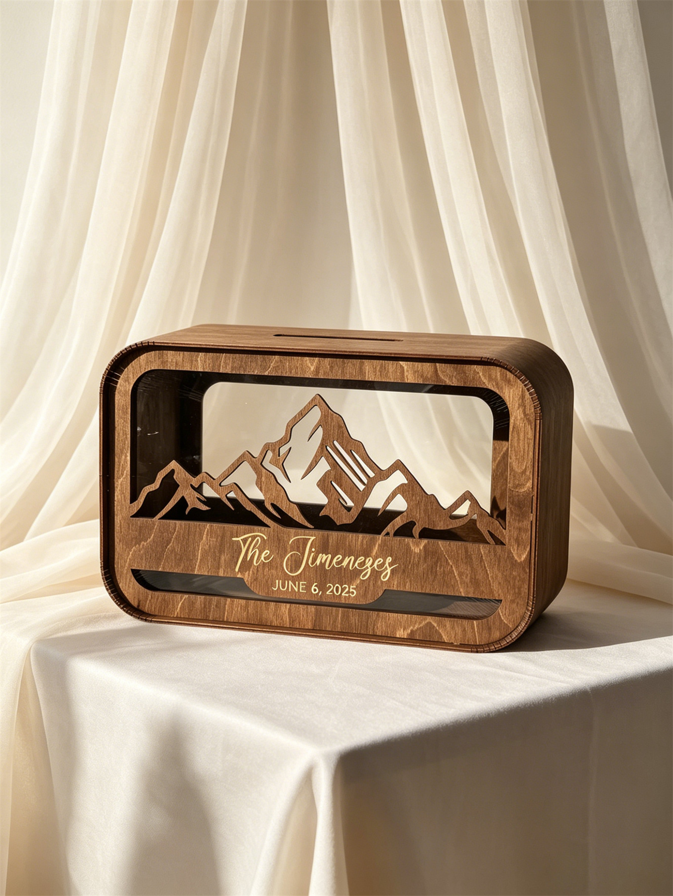 Personalized mountain view wedding greeting card box, country-style wooden coin box, custom engagement gift