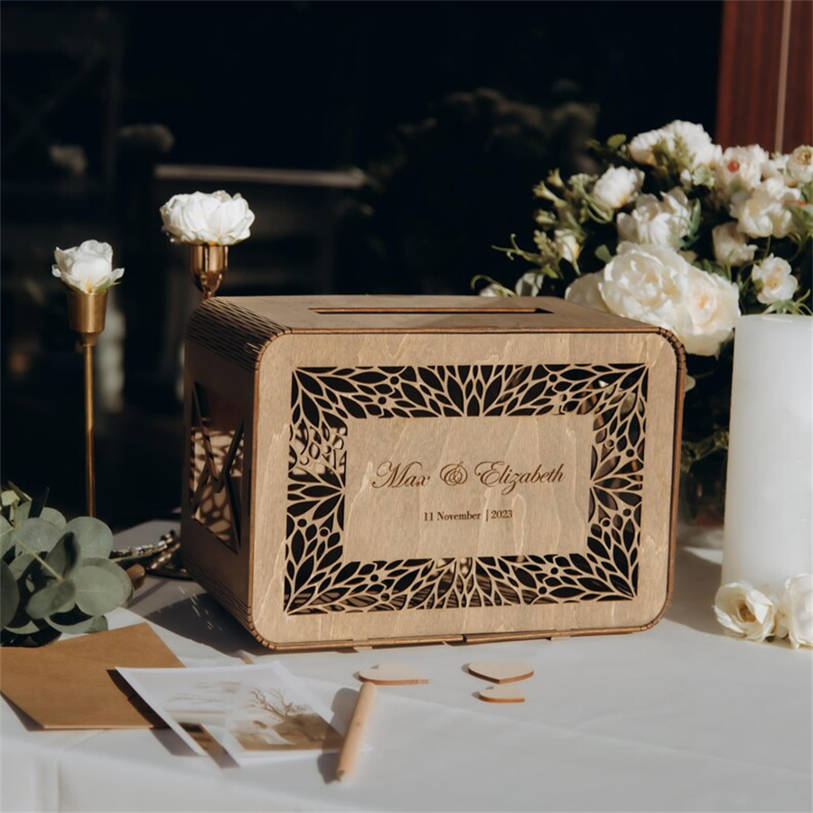 Customized wooden wedding greeting card box, country lace detail wallet