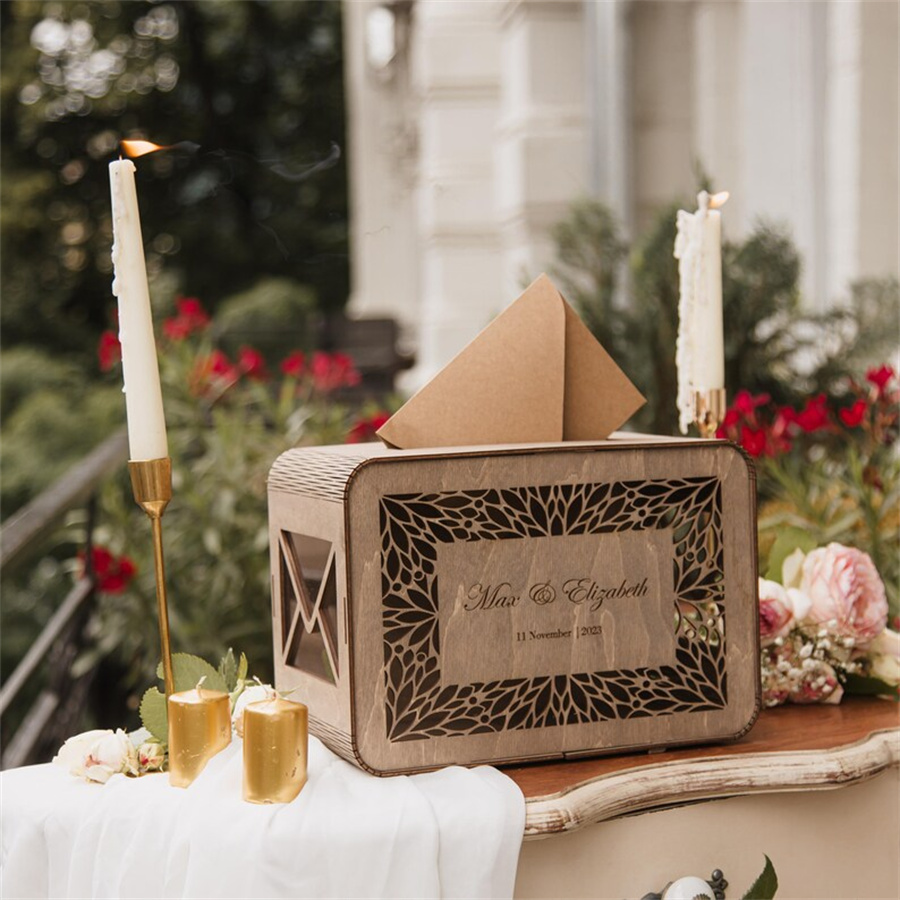 Customized wooden wedding greeting card box, country lace detail wallet