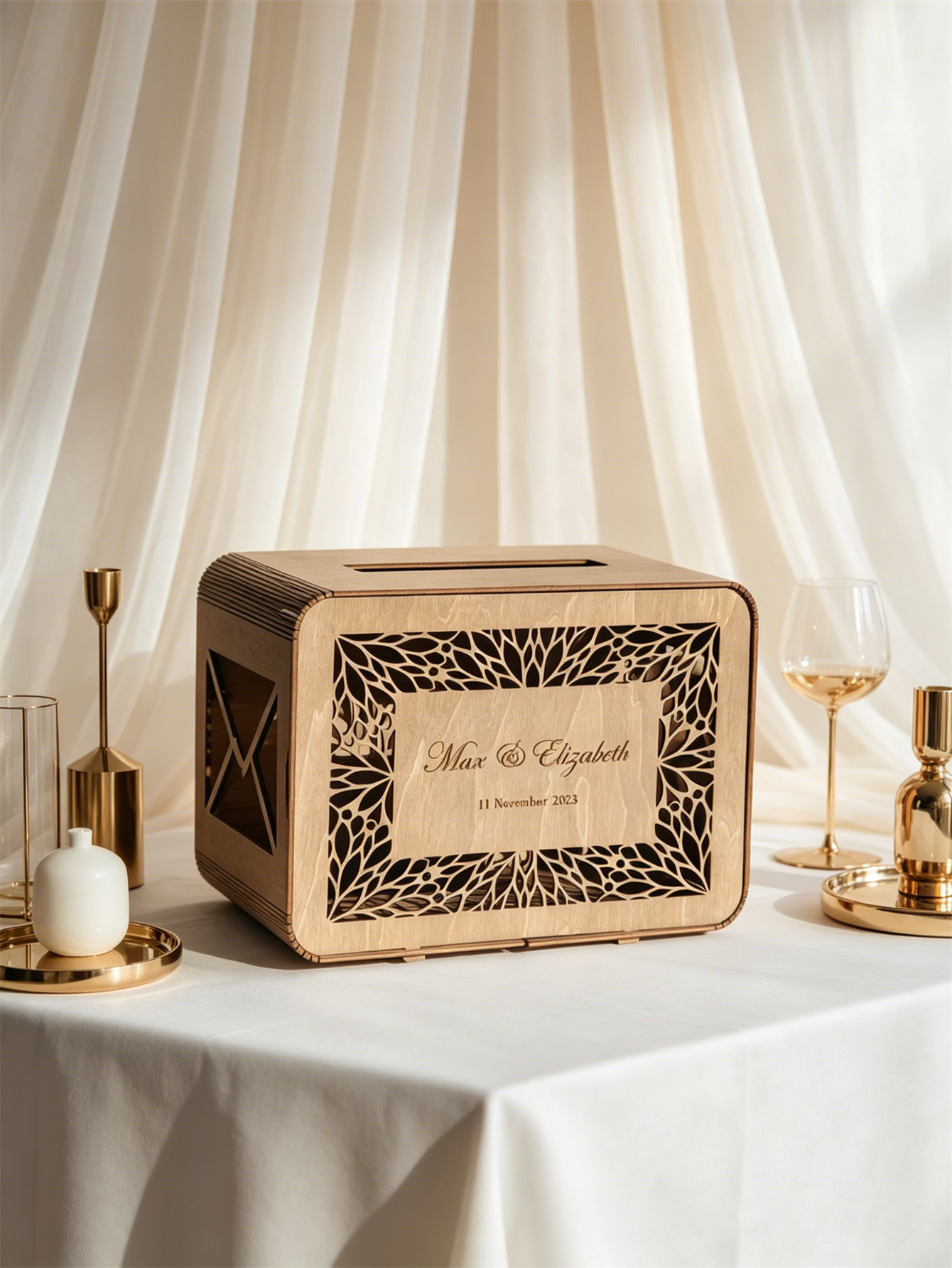 Customized wooden wedding greeting card box, country lace detail wallet