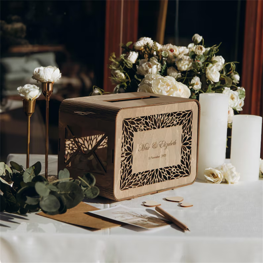 Customized wooden wedding greeting card box, country lace detail wallet