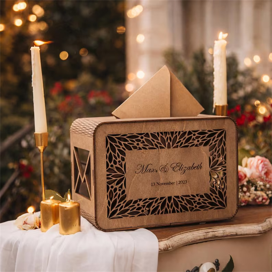 Customized wooden wedding greeting card box, country lace detail wallet
