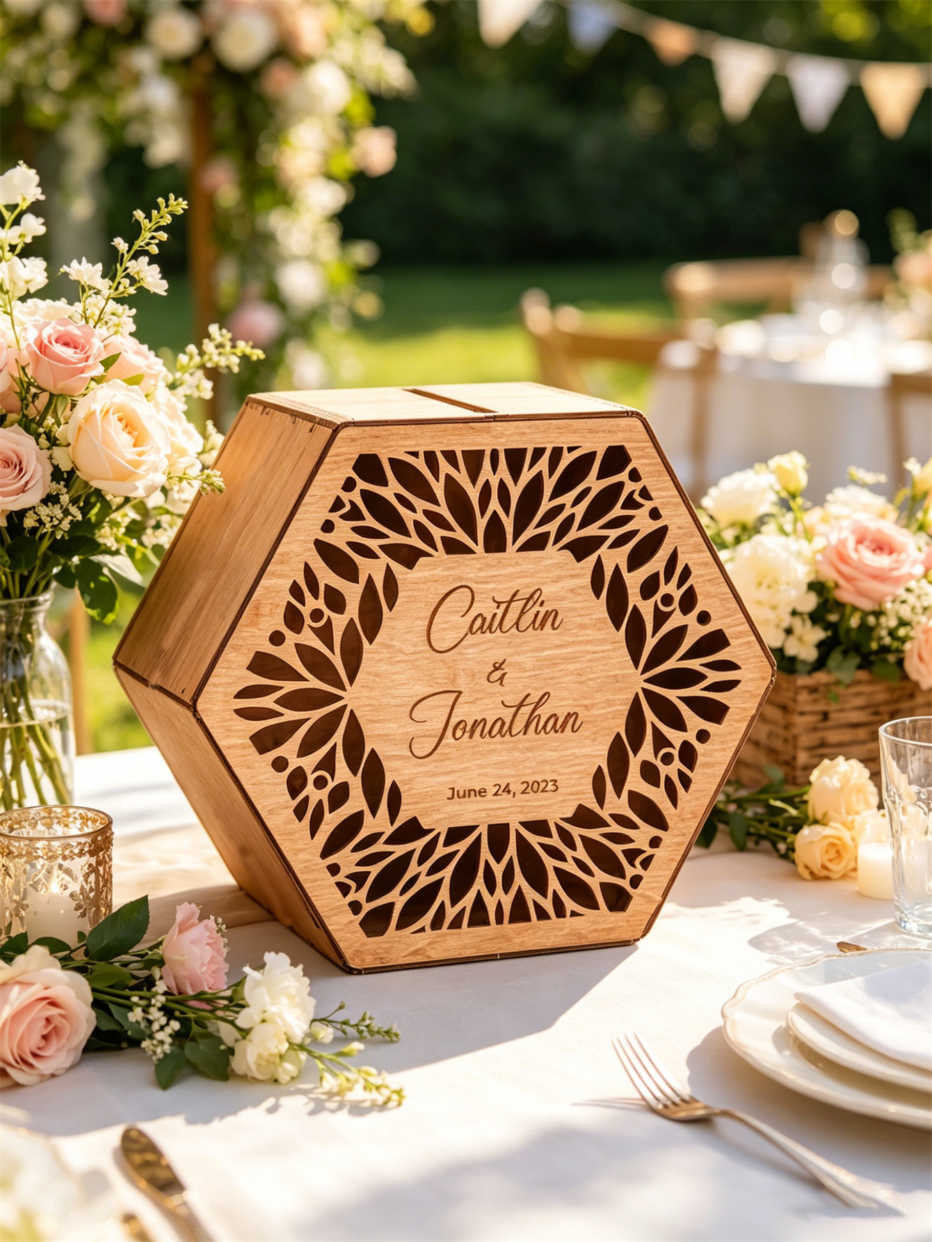 Rural-style wedding card box: Carved wooden souvenirs, personalized engagement gifts for the newlyweds