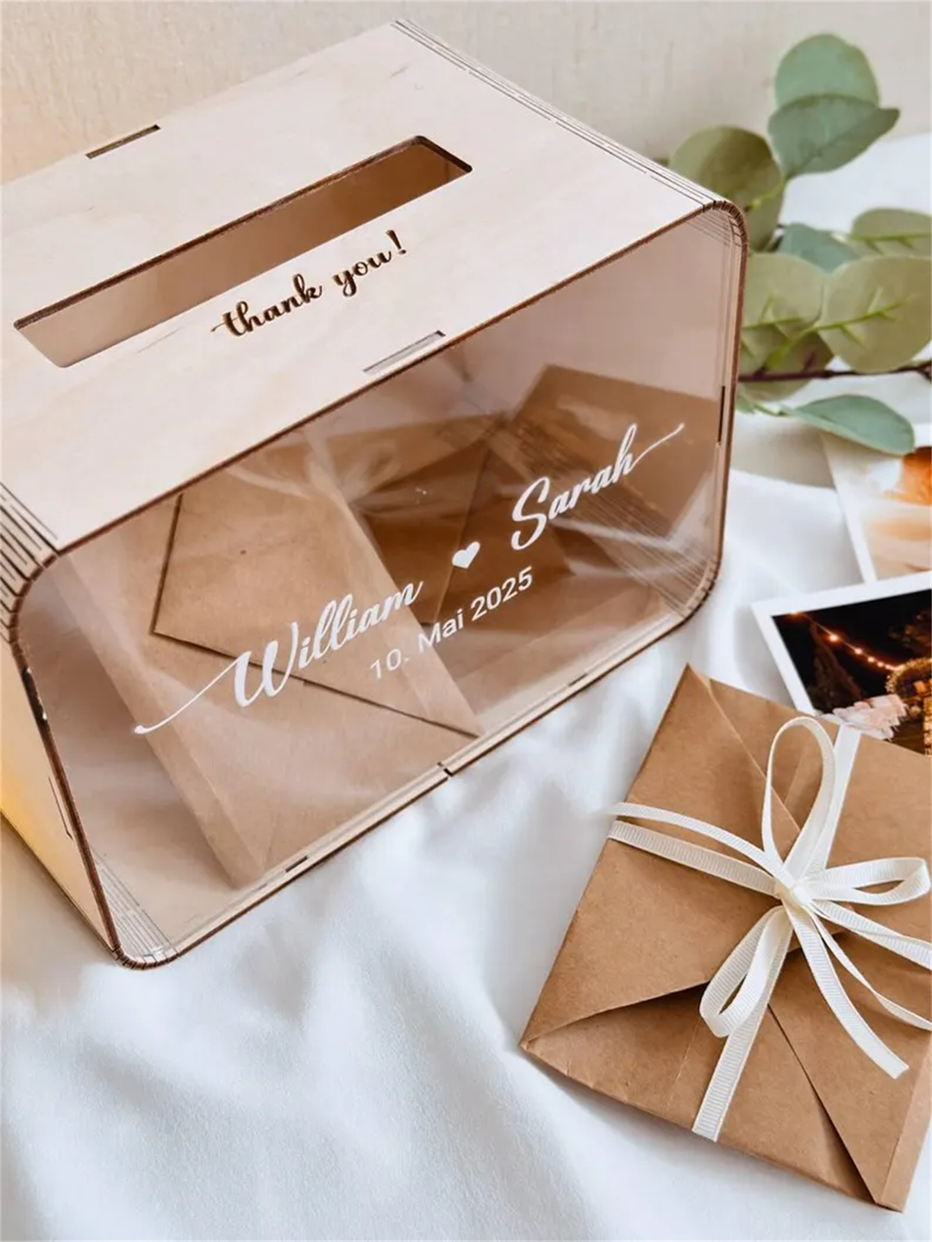 Personalized wedding greeting card box, acrylic panel, wooden envelope-style gift box, modern rural-style wishing well