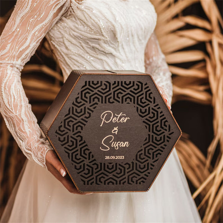 Rural-style wedding card box: Carved wooden souvenirs, personalized engagement gifts for the newlyweds