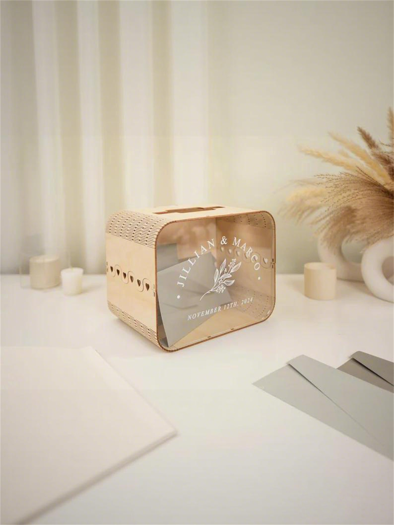 Wooden acrylic wedding greeting card box - Bohemian-style wedding decoration, couple's money box, wooden commemorative box, can store gifts, checks, cash and photos