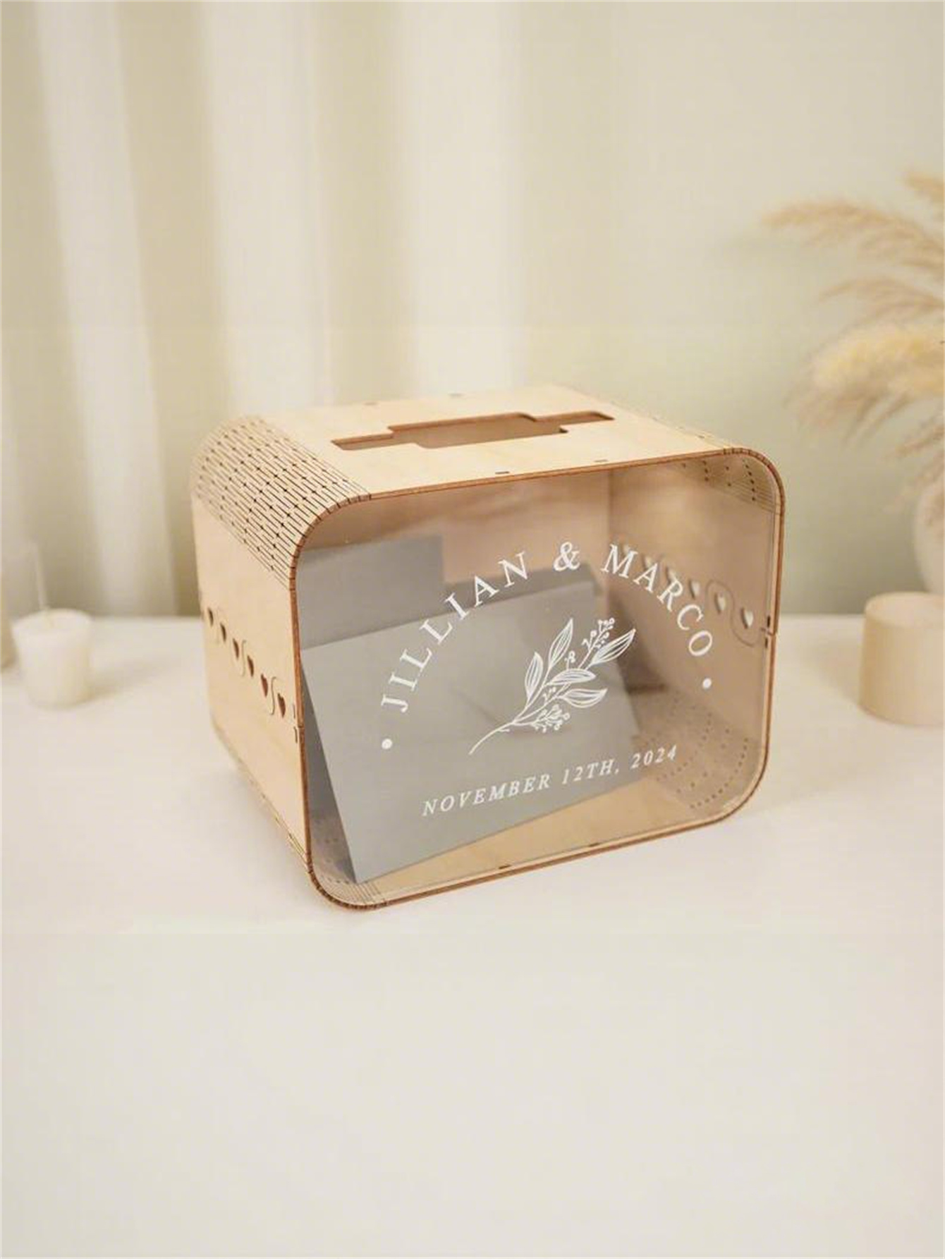 Wooden acrylic wedding greeting card box - Bohemian-style wedding decoration, couple's money box, wooden commemorative box, can store gifts, checks, cash and photos