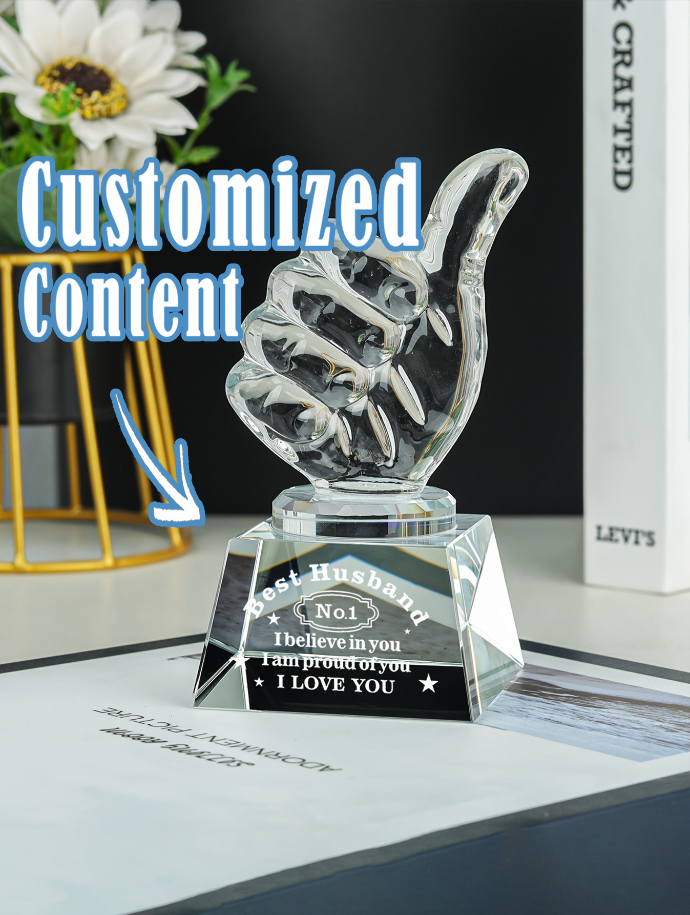 Crystal Thumbs-Up Trophy – Personalized Appreciation Award