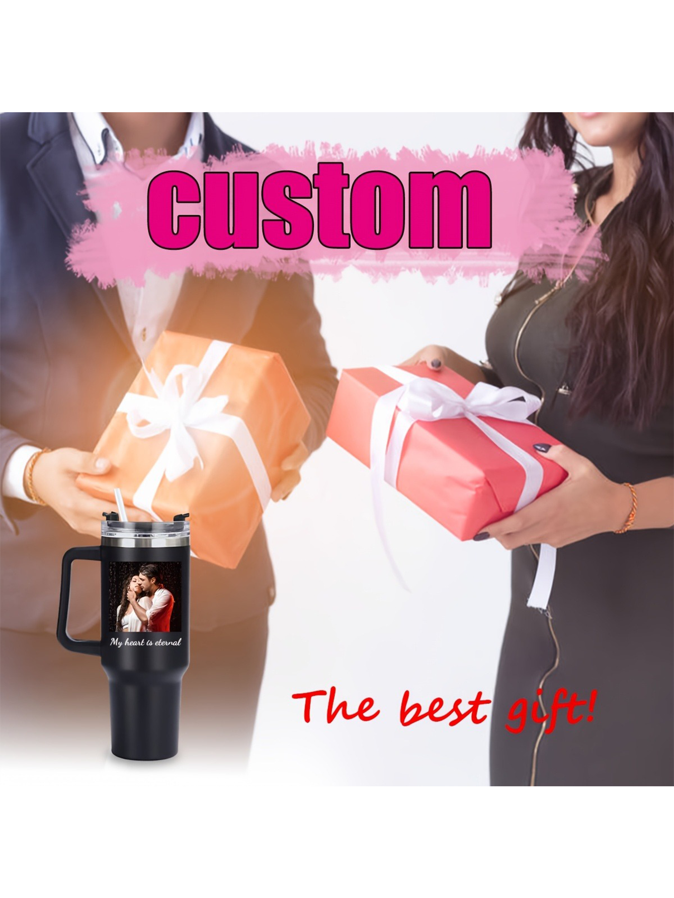 A personalized stainless steel glass mug with lid and straw, featuring a custom photo, insulated handle, and reusable multi-purpose travel bottle (hand wash only) - ideal for birthdays and Valentine's Day gifts.
