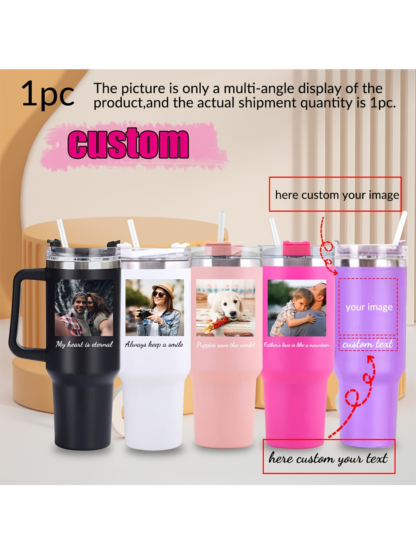 A personalized stainless steel glass mug with lid and straw, featuring a custom photo, insulated handle, and reusable multi-purpose travel bottle (hand wash only) - ideal for birthdays and Valentine's Day gifts.