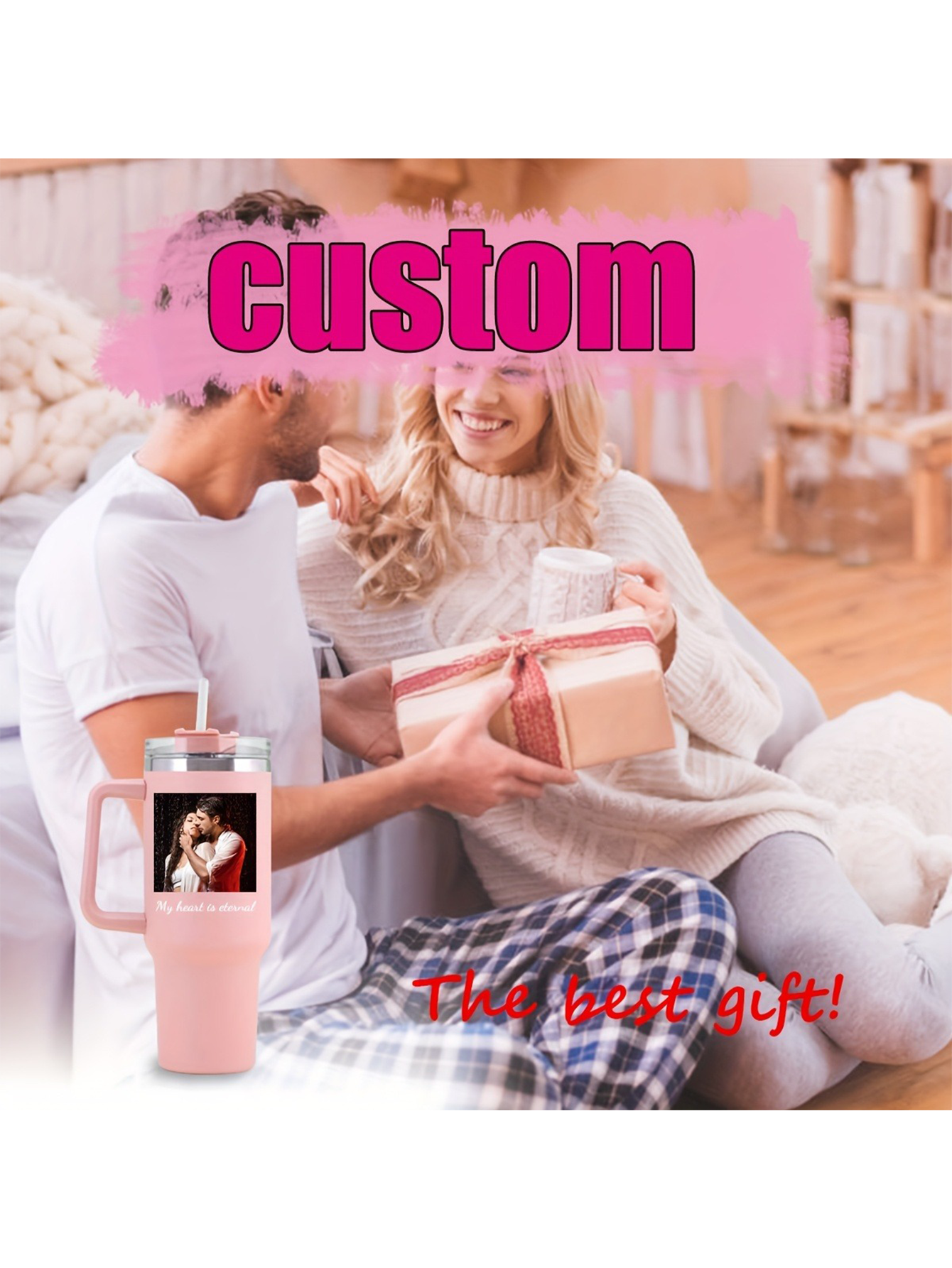 A personalized stainless steel glass mug with lid and straw, featuring a custom photo, insulated handle, and reusable multi-purpose travel bottle (hand wash only) - ideal for birthdays and Valentine's Day gifts.