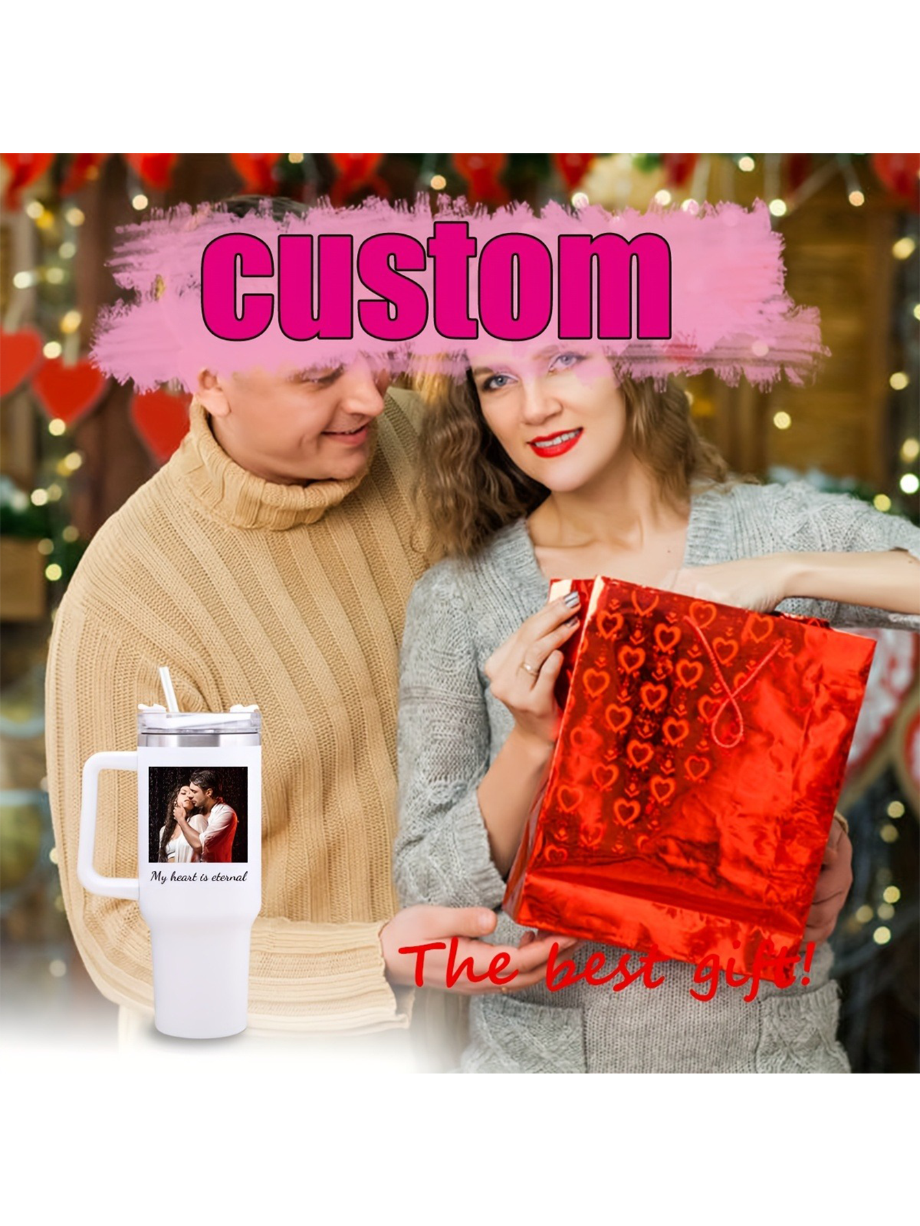 A personalized stainless steel glass mug with lid and straw, featuring a custom photo, insulated handle, and reusable multi-purpose travel bottle (hand wash only) - ideal for birthdays and Valentine's Day gifts.
