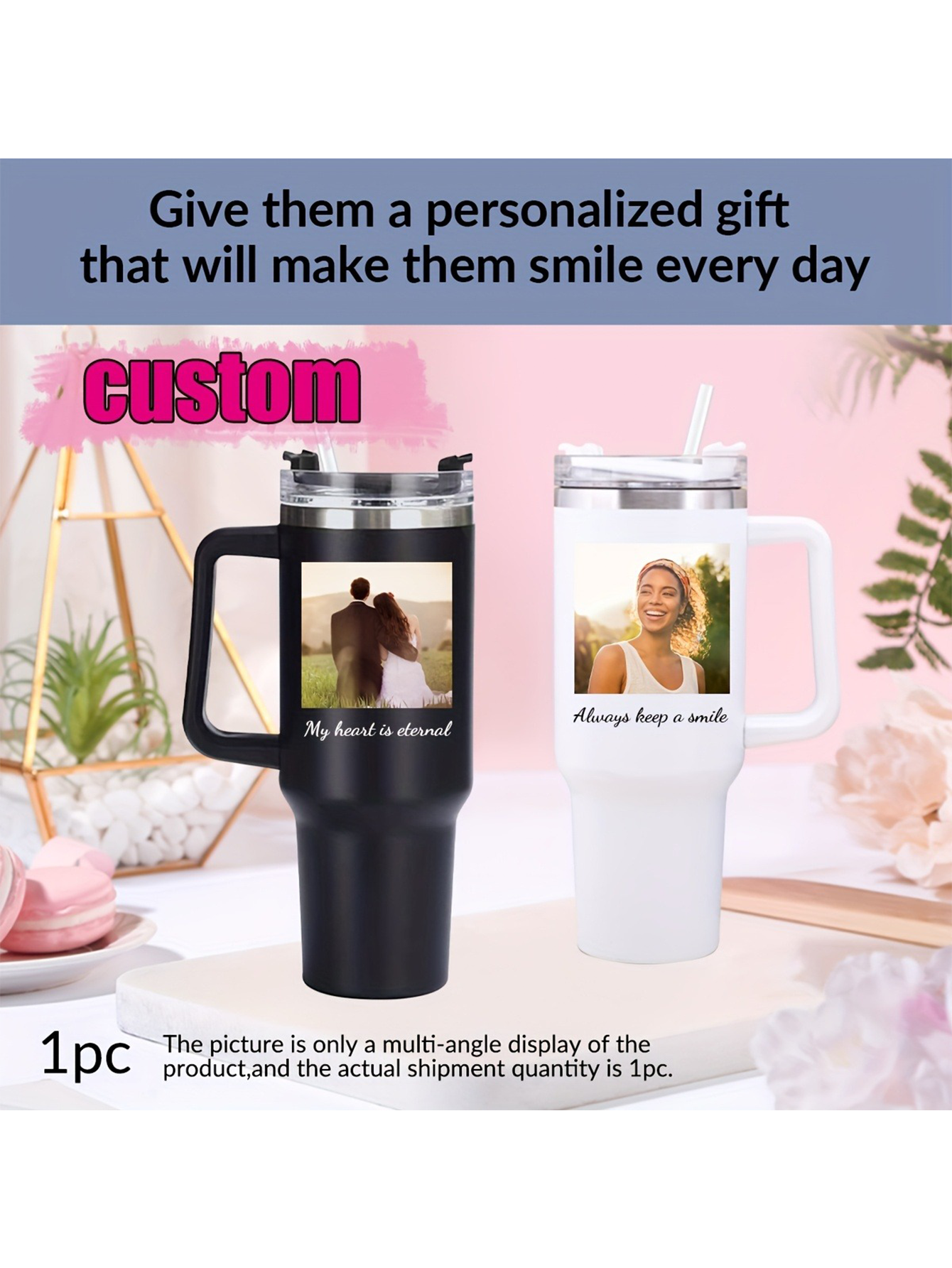 A personalized stainless steel glass mug with lid and straw, featuring a custom photo, insulated handle, and reusable multi-purpose travel bottle (hand wash only) - ideal for birthdays and Valentine's Day gifts.