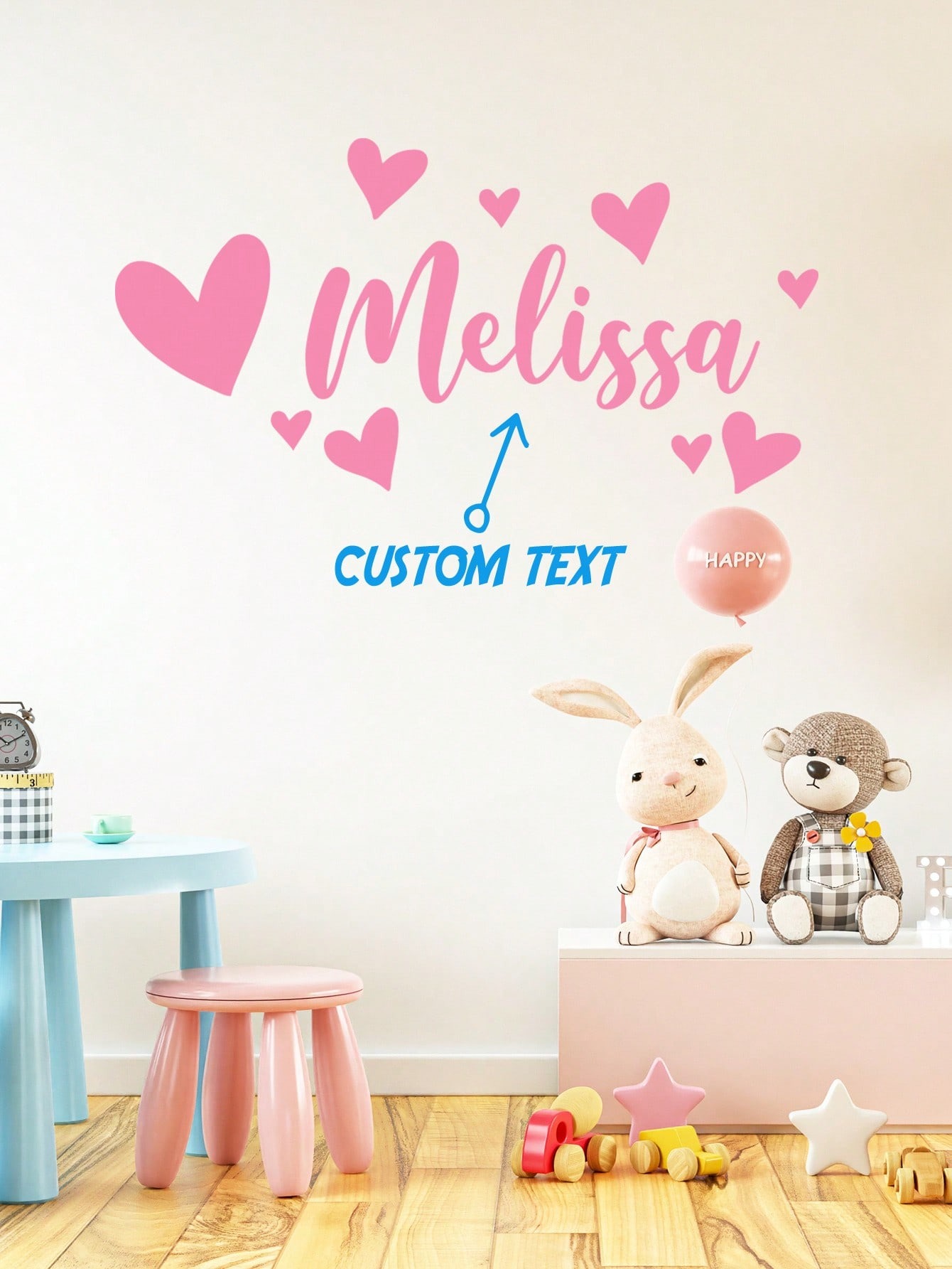 Custom Name Pink Heart Wall Sticker