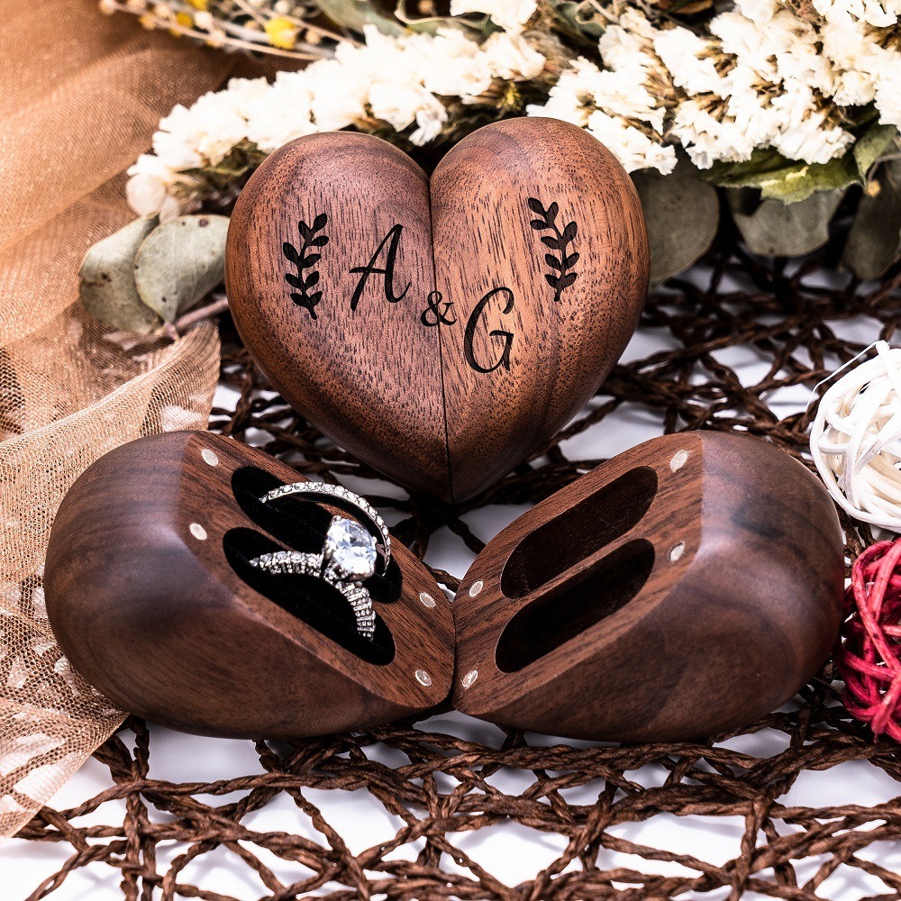 Personalized Heart-Shaped Walnut Ring Box